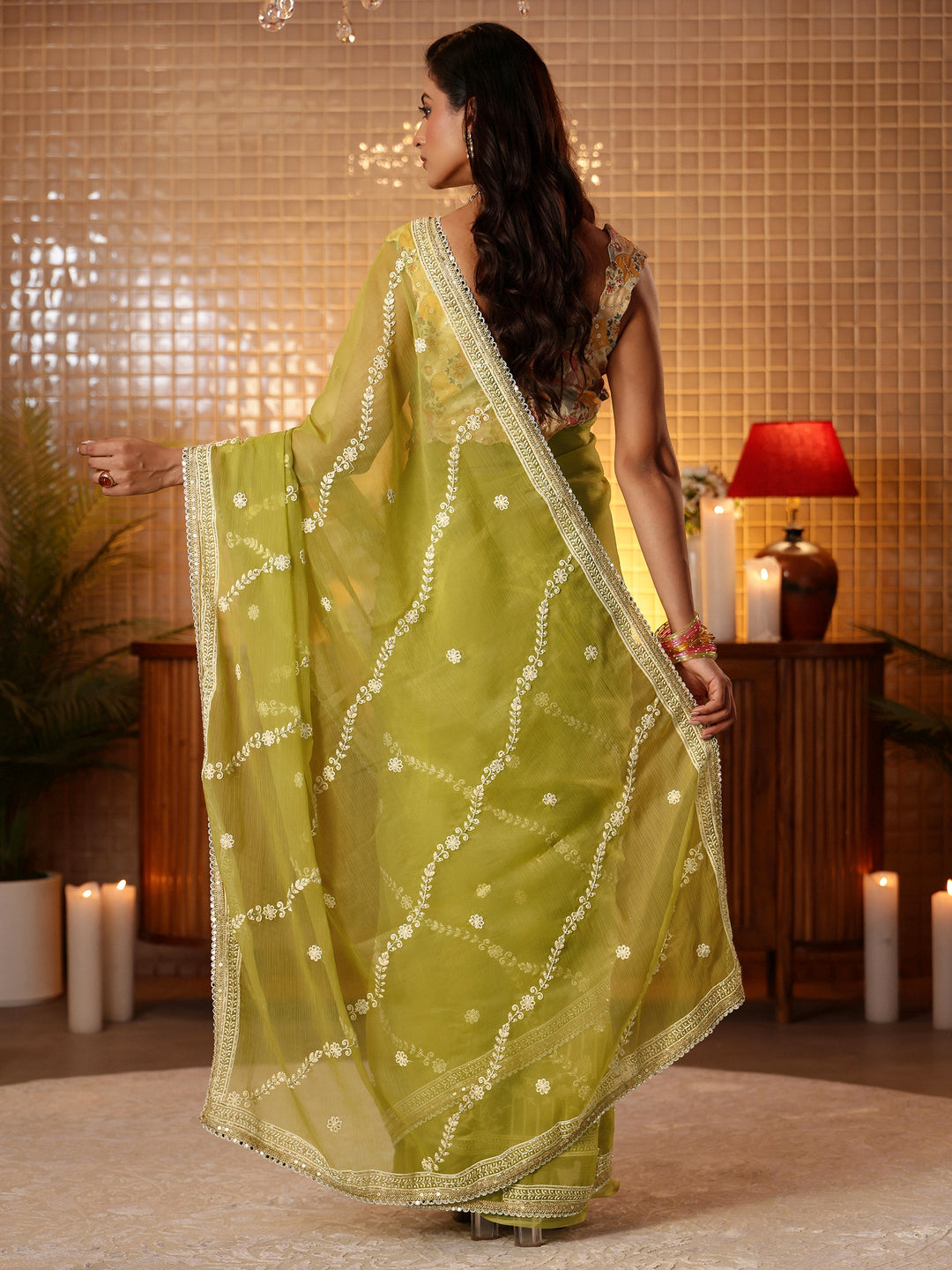  Green Floral Embroidered Chiffon Saree 
