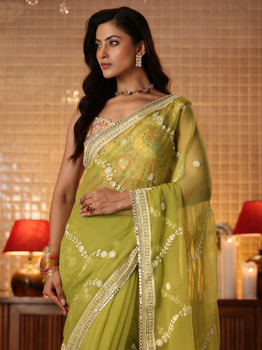  Green Floral Embroidered Chiffon Saree 