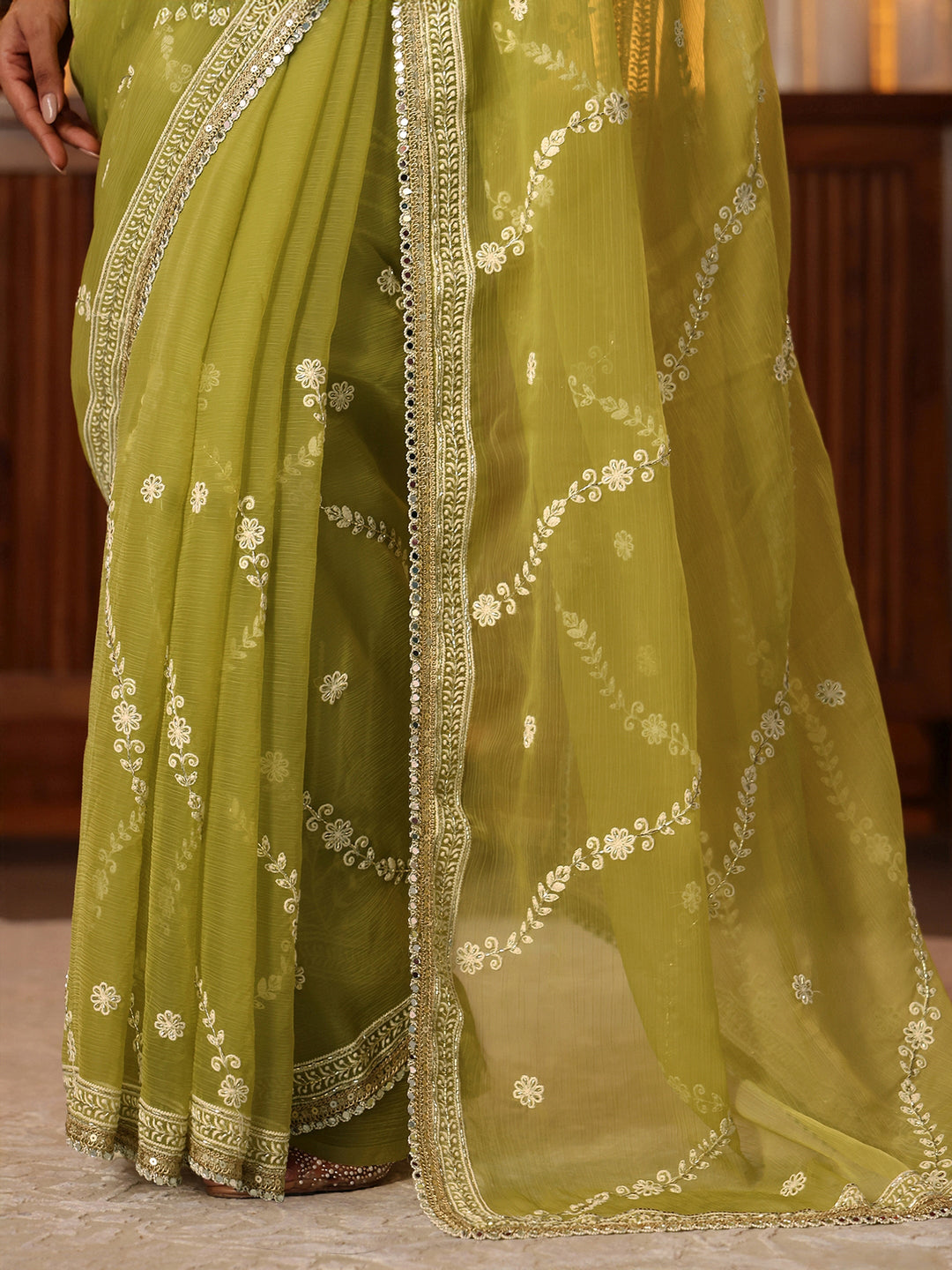  Green Floral Embroidered Chiffon Saree 