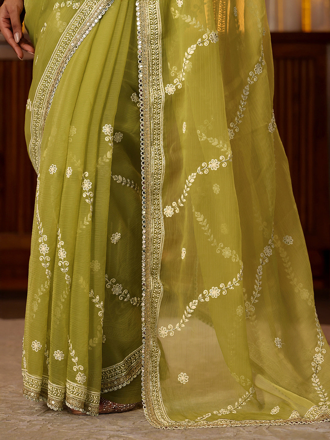  Libas Green Floral Embroidered Chiffon Saree 