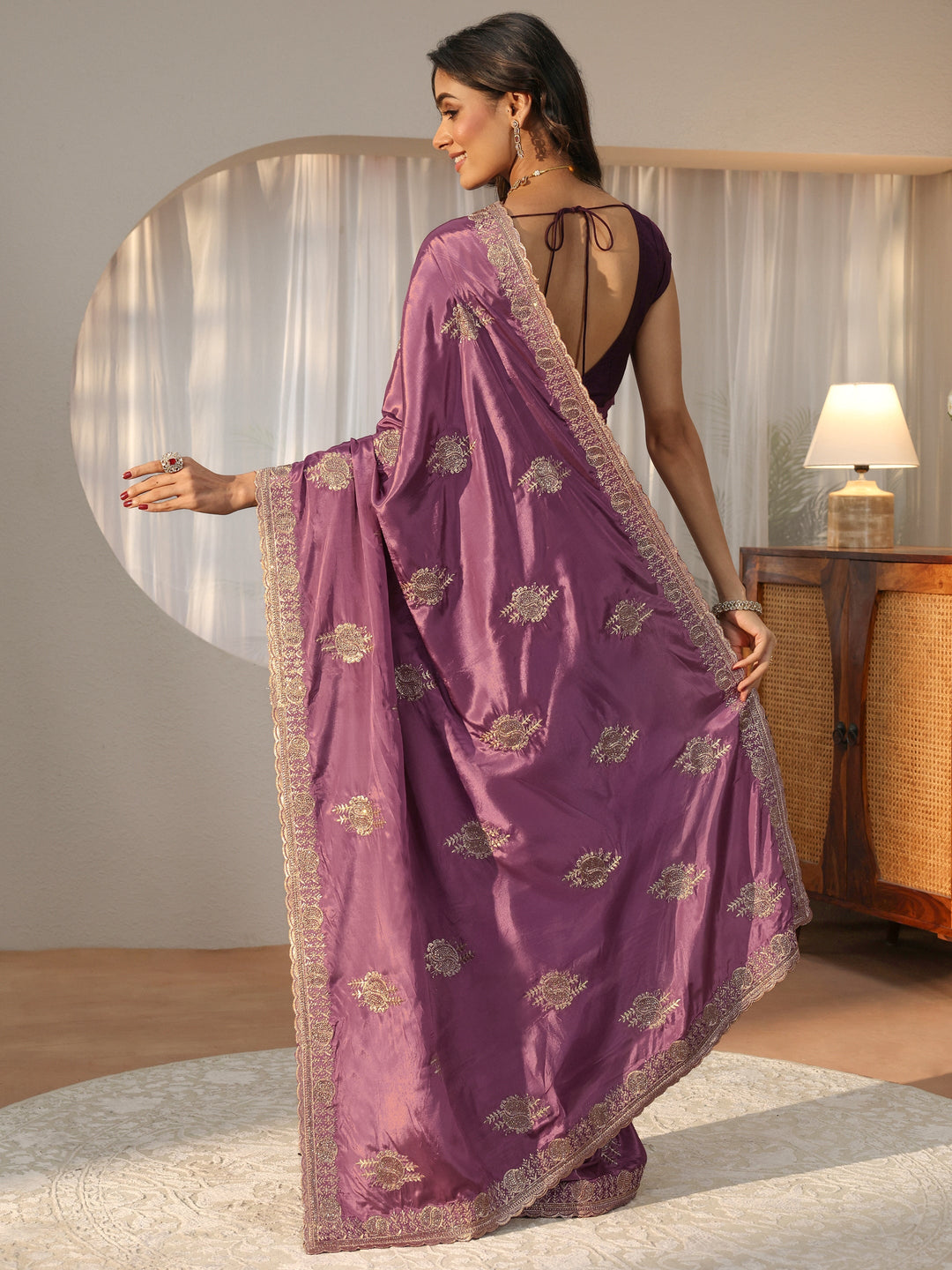  Lavender Ethnic Embroidered Satin Saree 