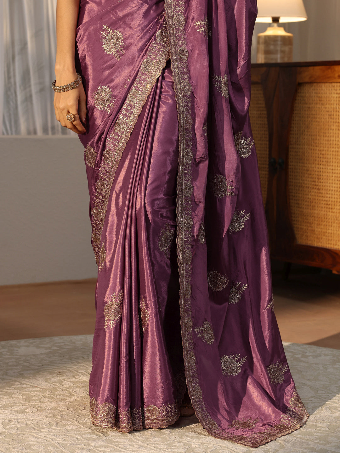  Lavender Ethnic Embroidered Satin Saree 