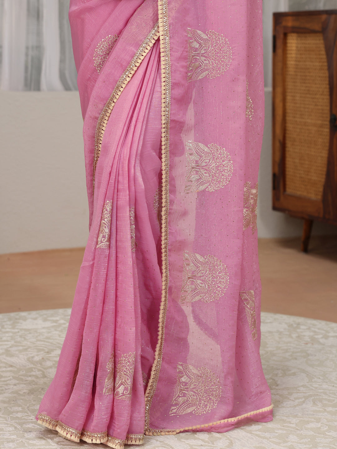  Baby Pink Floral Embroidered Chiffon Saree 