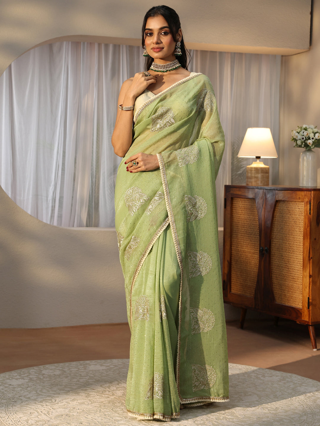  Sage Green Floral Embroidered Chiffon Saree 