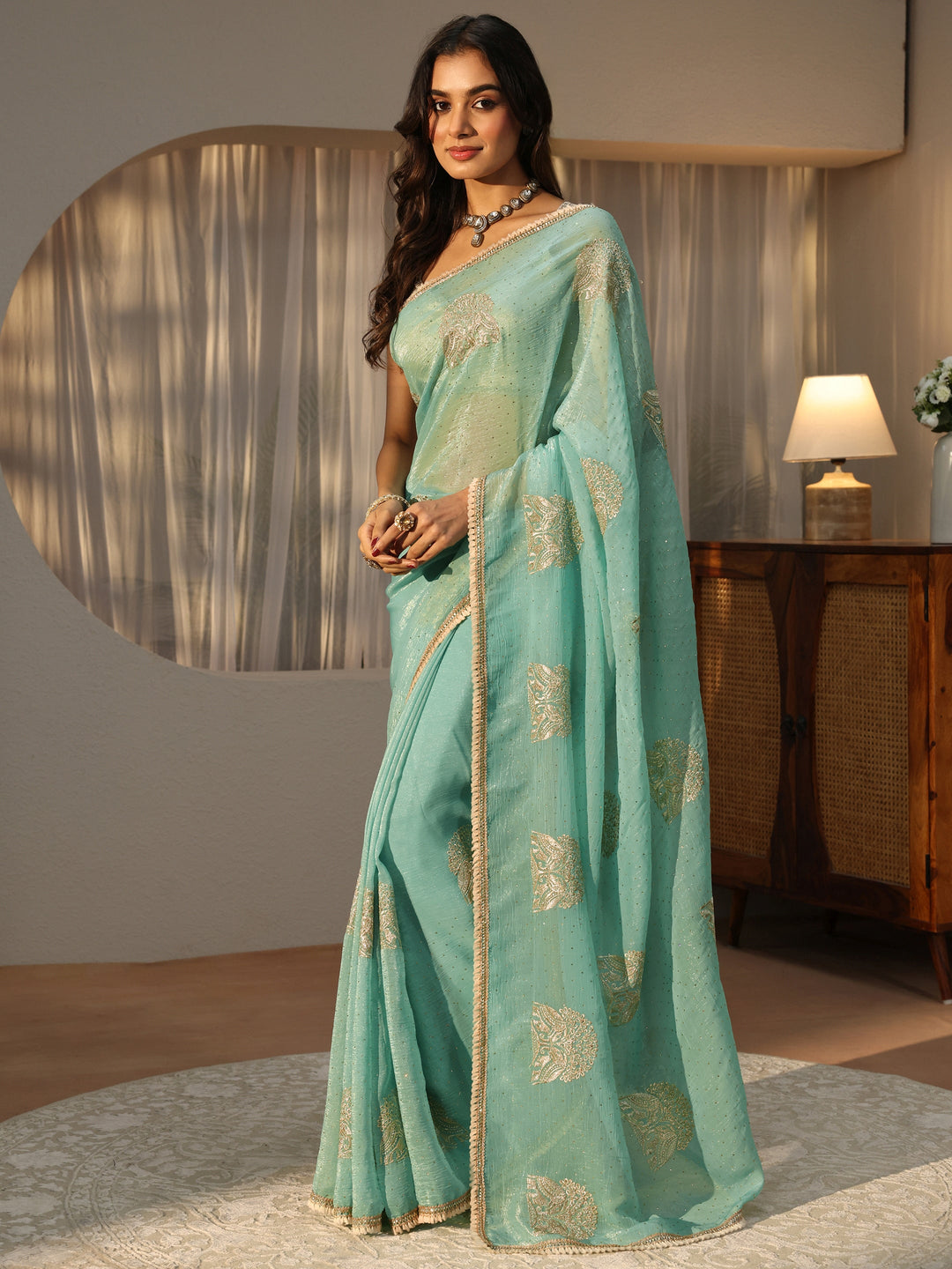  Sky Blue Floral Embroidered Chiffon Saree 