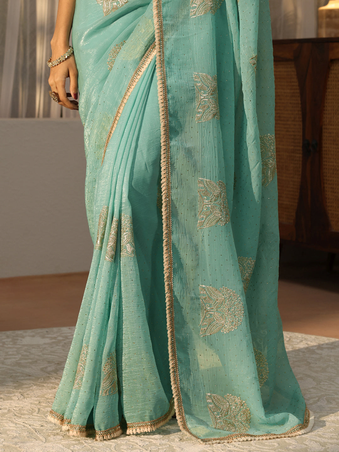  Sky Blue Floral Embroidered Chiffon Saree 
