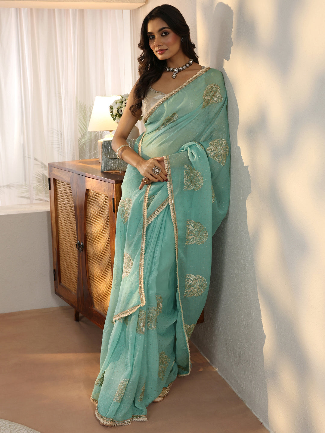  Sky Blue Floral Embroidered Chiffon Saree 