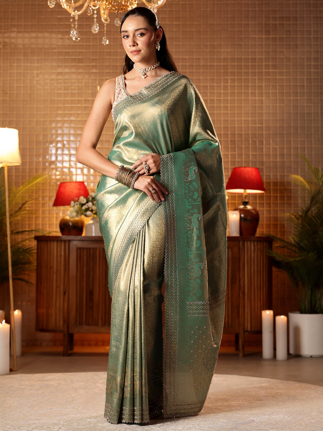 Green Floral Woven Design Silk Blend Saree 