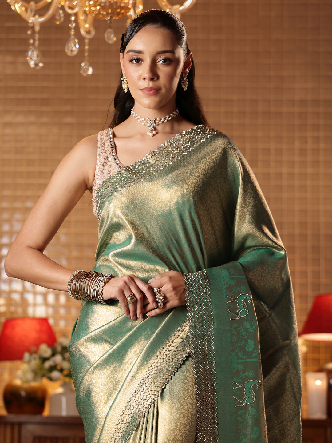  Green Floral Woven Design Silk Blend Saree 