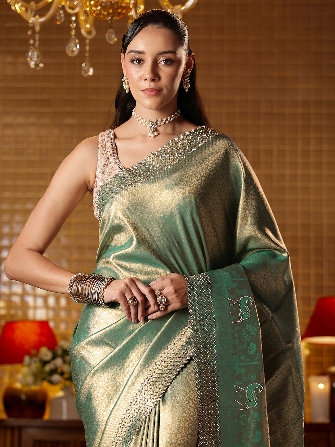  Libas Green Floral Woven Design Silk Blend Saree 