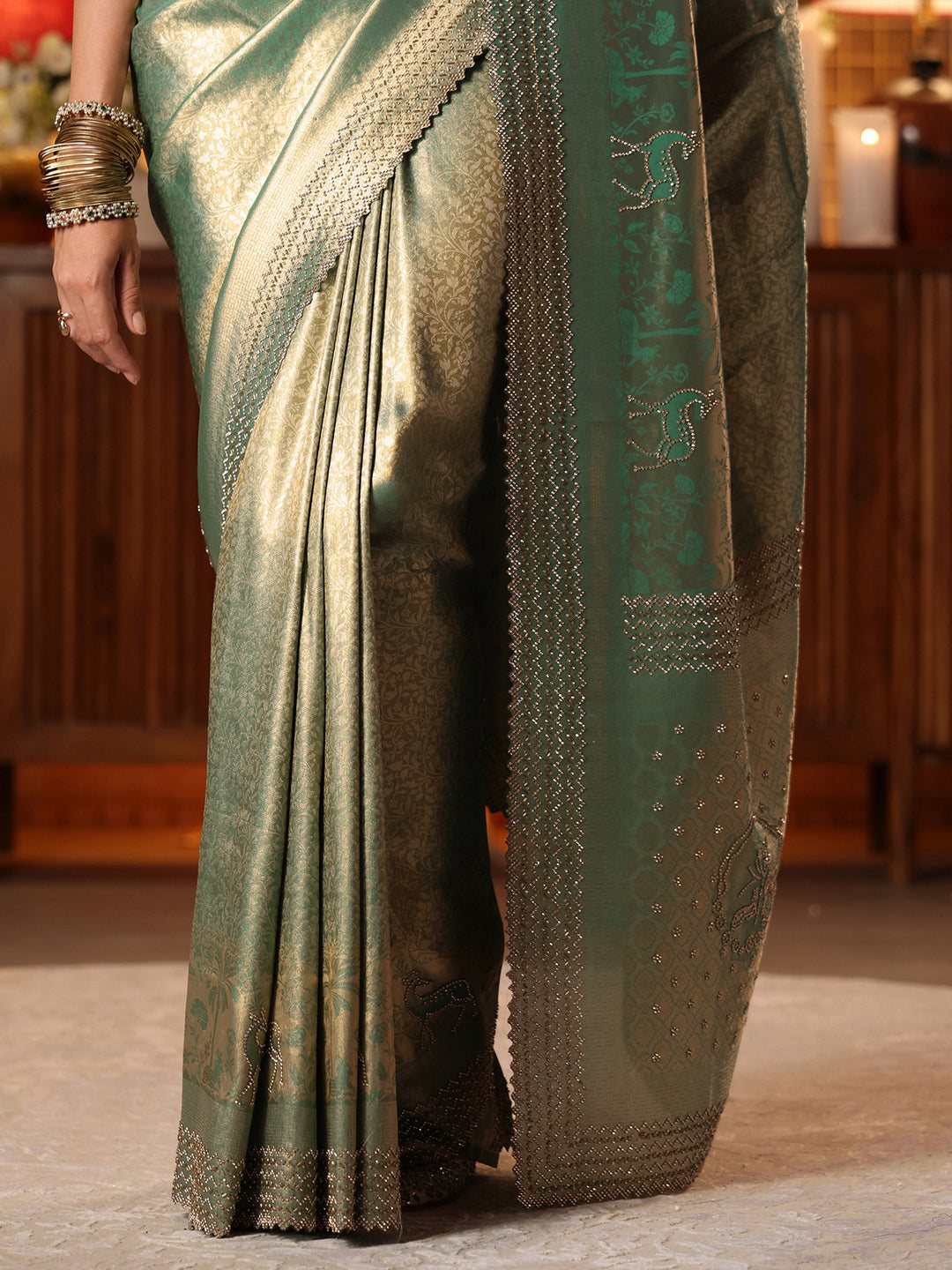  Green Floral Woven Design Silk Blend Saree 