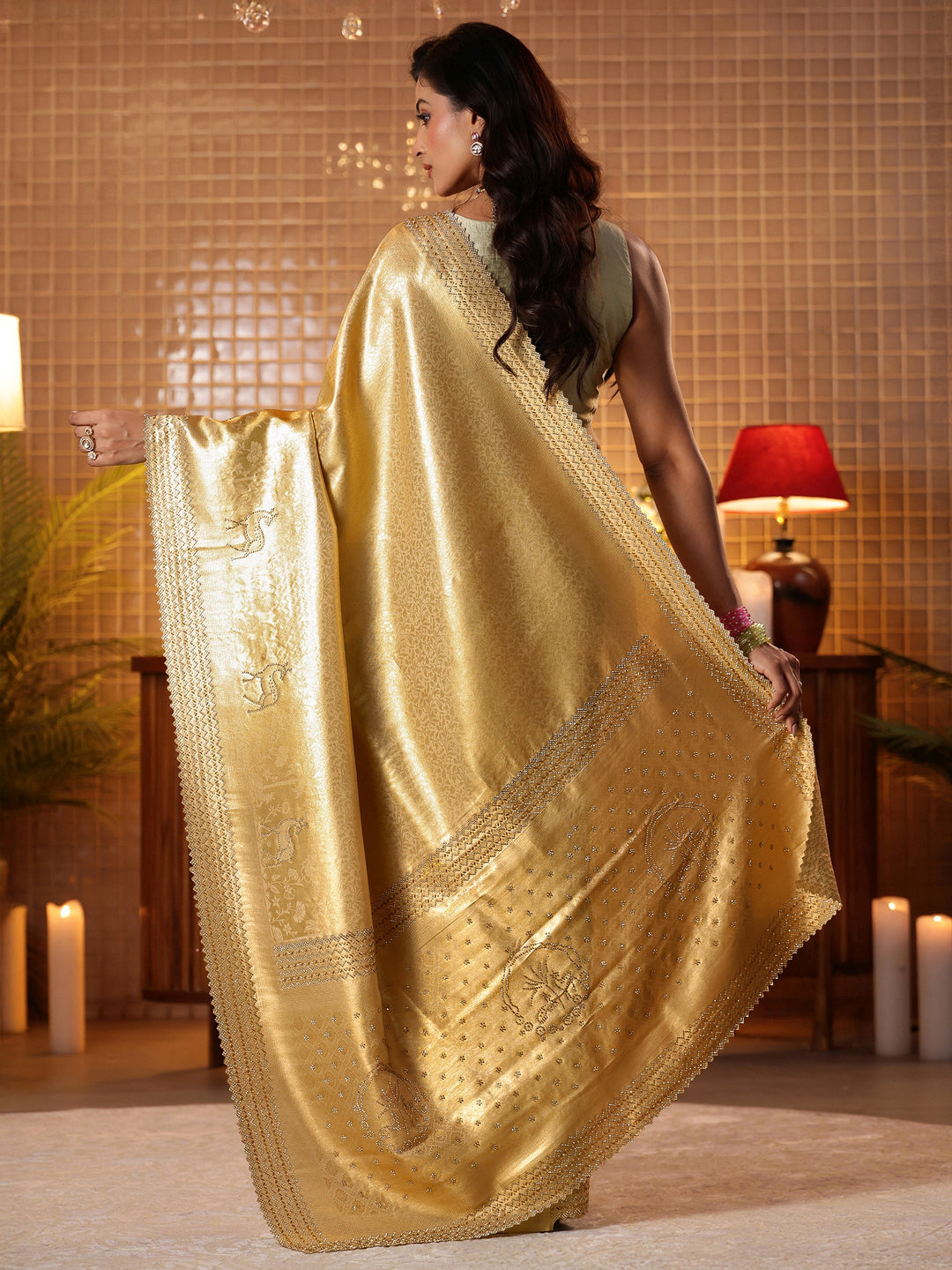  Gold Floral Woven Design Silk Blend Saree 