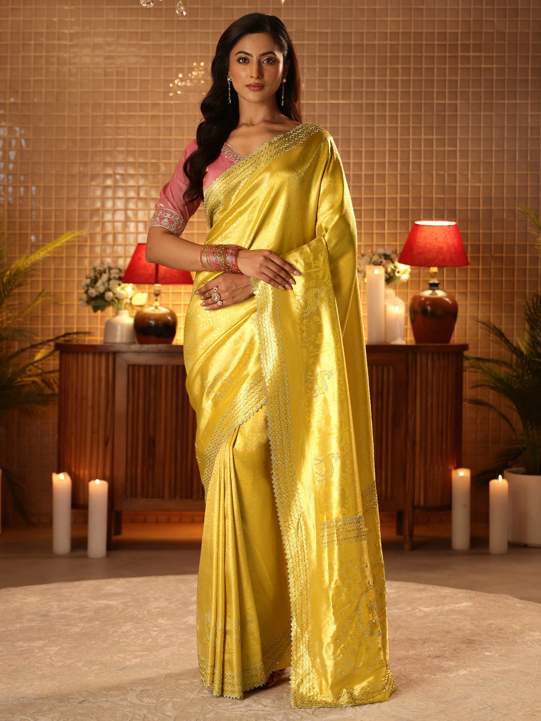  Mustard Floral Woven Design Silk Blend Saree 