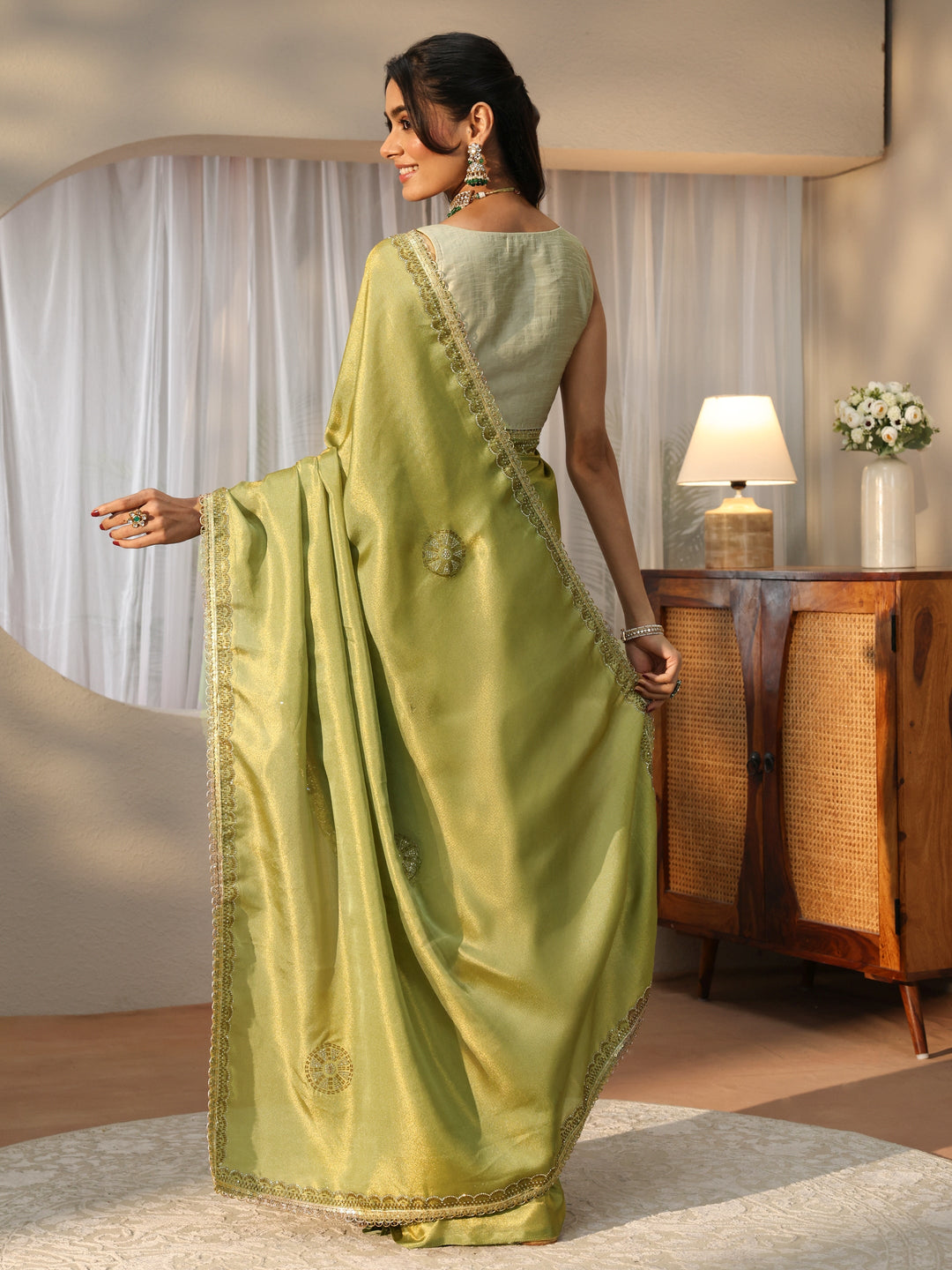  Pista Green Embellished Silk Blend Saree 