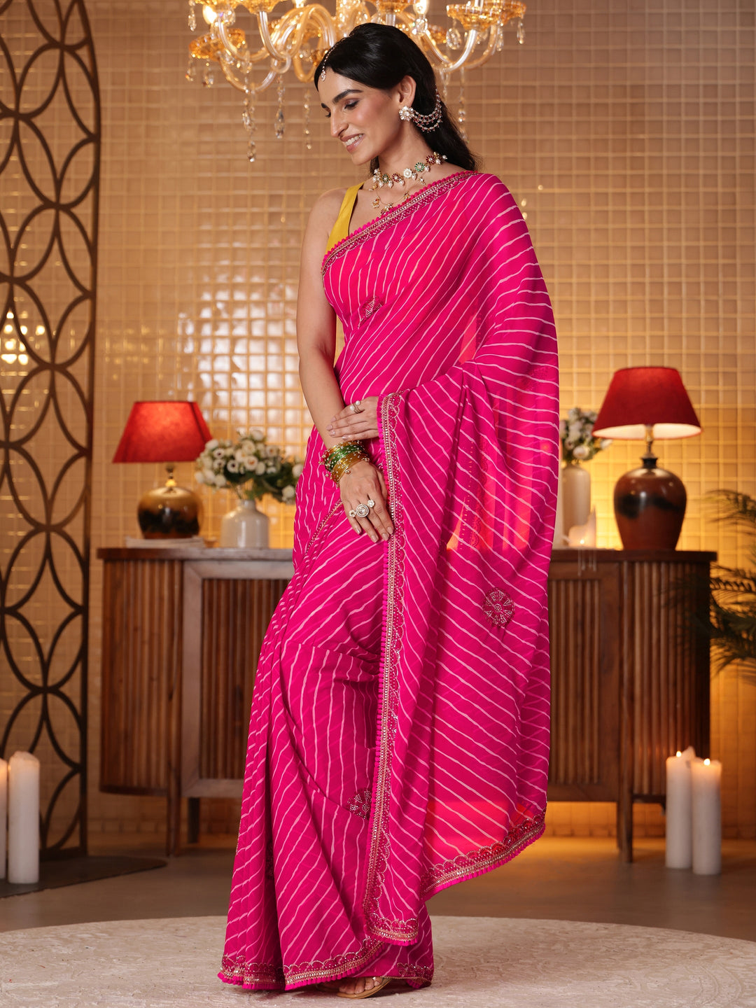  Pink Leheriya Printed Georgette Saree 