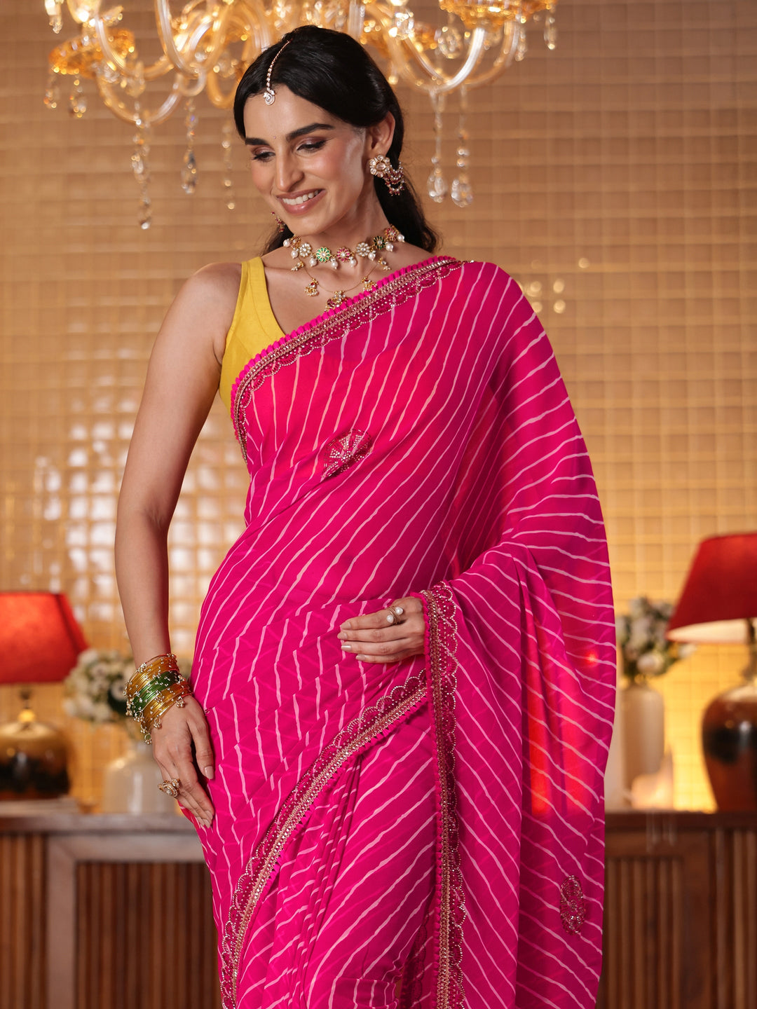  Pink Leheriya Printed Georgette Saree 