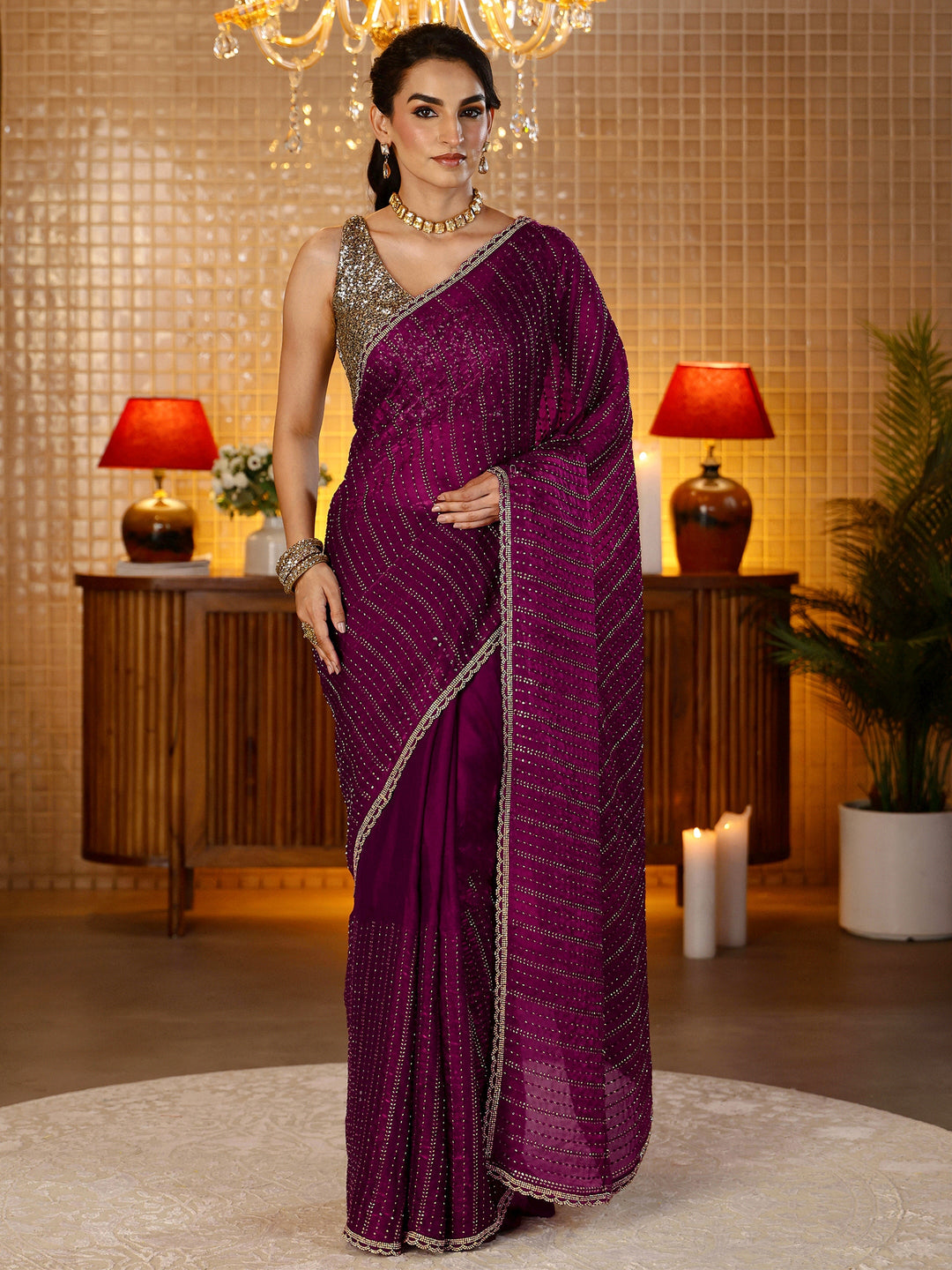  Burgundy Striped Embellished Tissue Saree 
