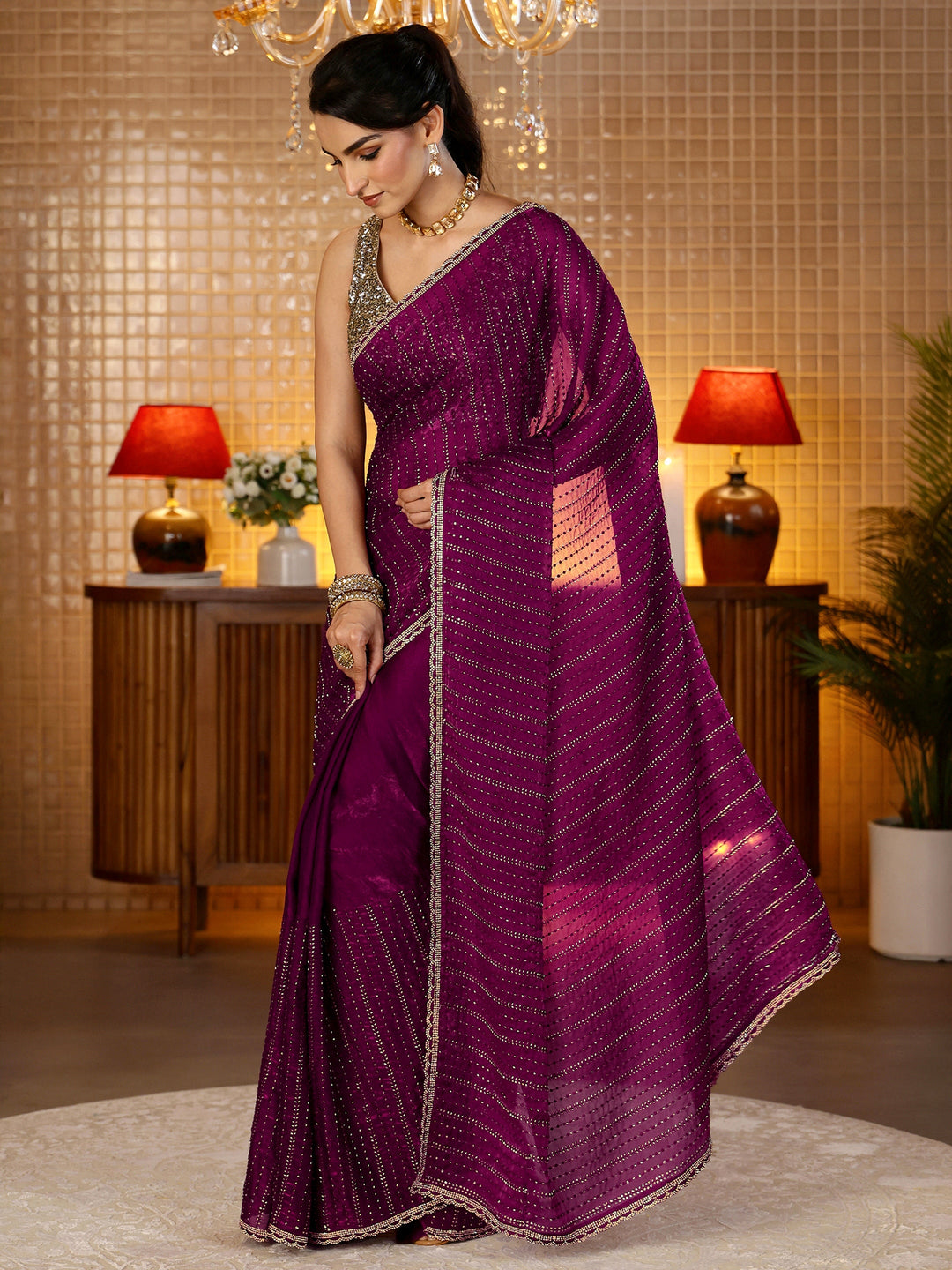  Burgundy Striped Embellished Tissue Saree 