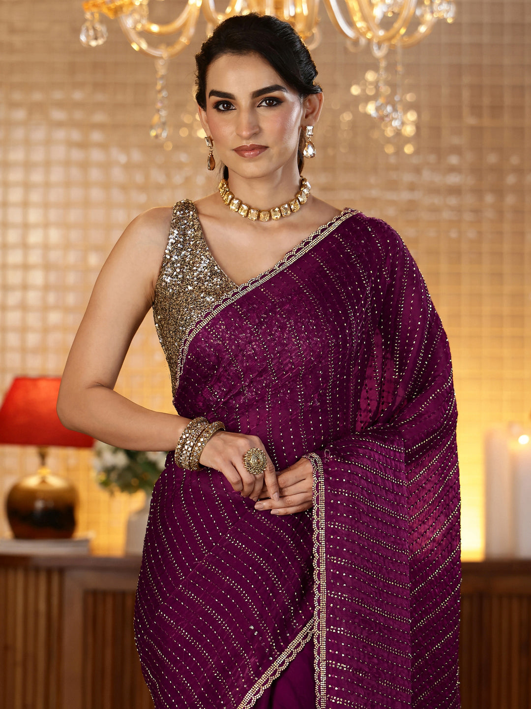  Burgundy Striped Embellished Tissue Saree 
