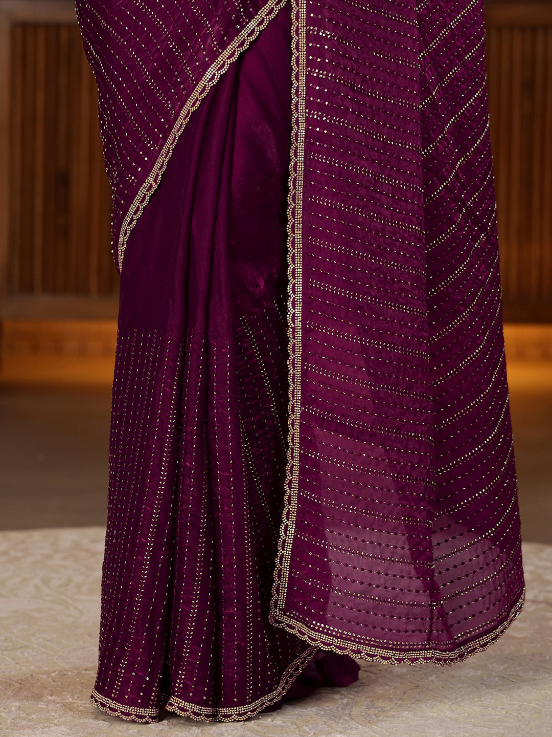  Burgundy Striped Embellished Tissue Saree 