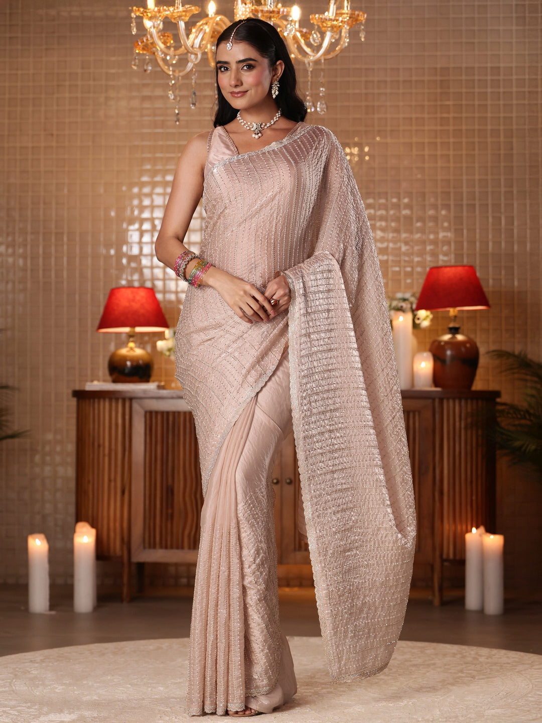  Cream Striped Embellished Tissue Saree 