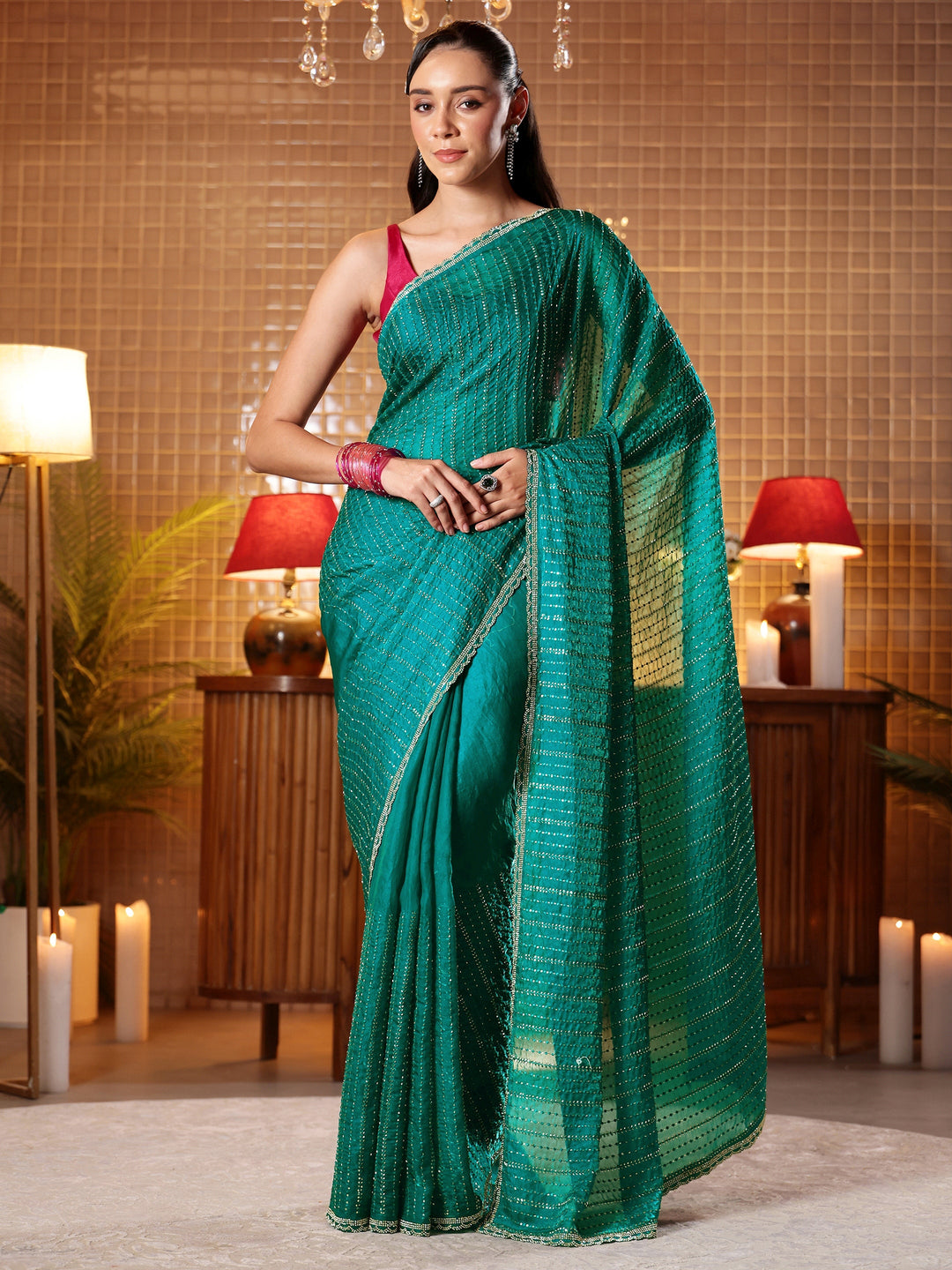  Green Embellished Tissue Saree 