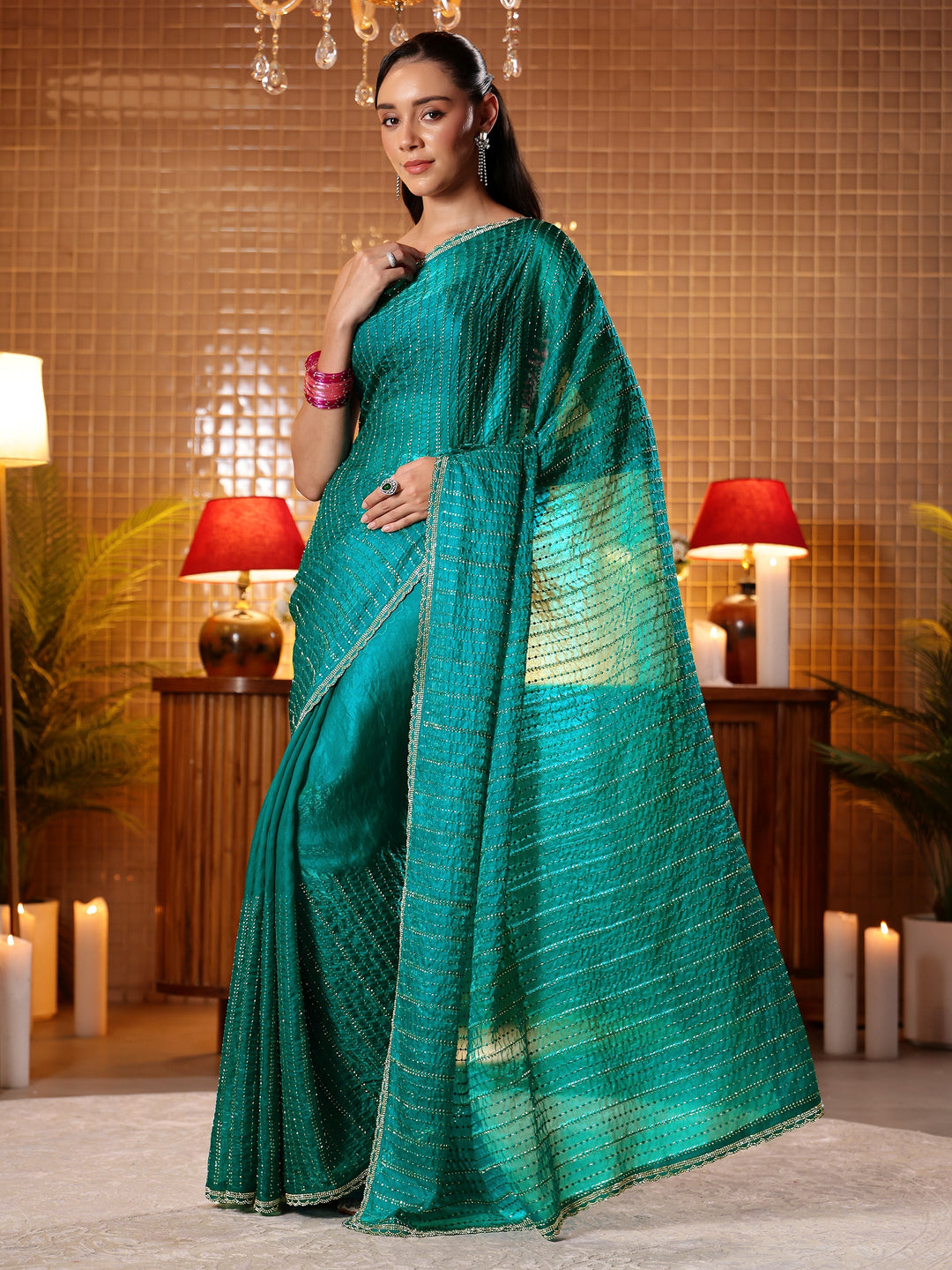  Green Embellished Tissue Saree 