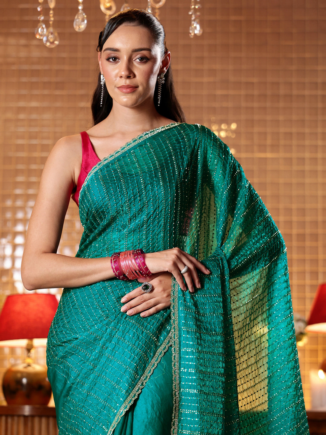  Green Embellished Tissue Saree 
