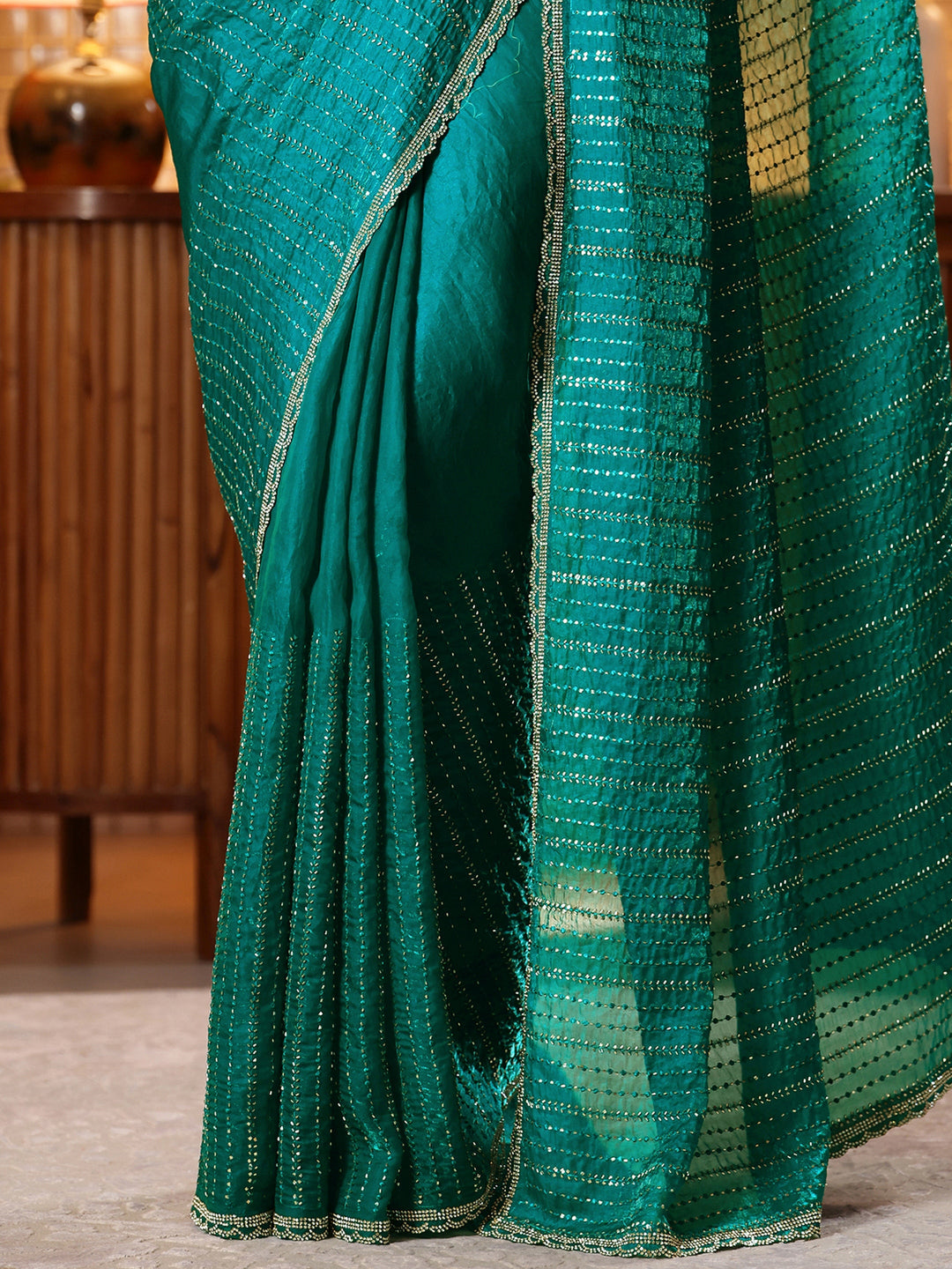  Green Embellished Tissue Saree 
