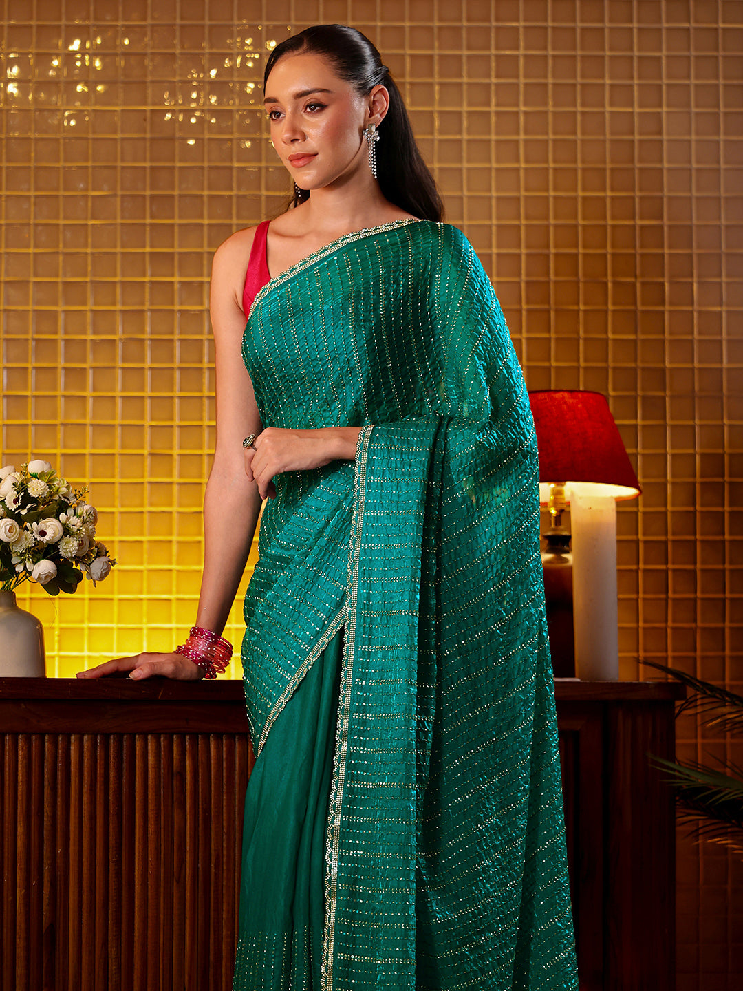 Libas Green Embellished Tissue Saree