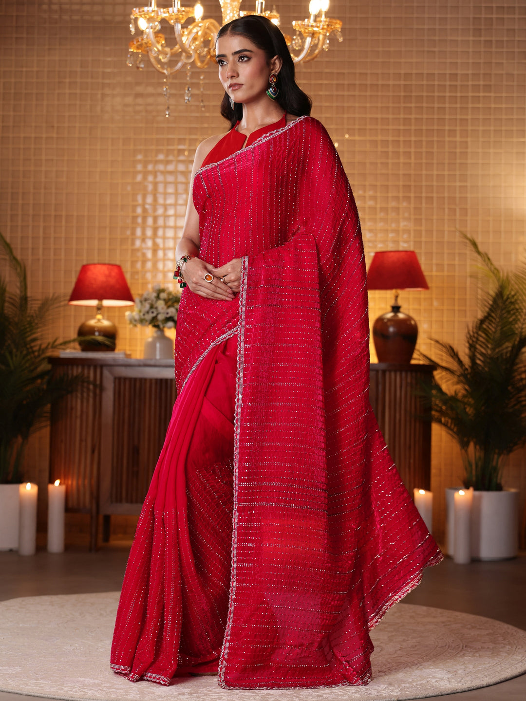  Red Striped Embellished Tissue Saree 