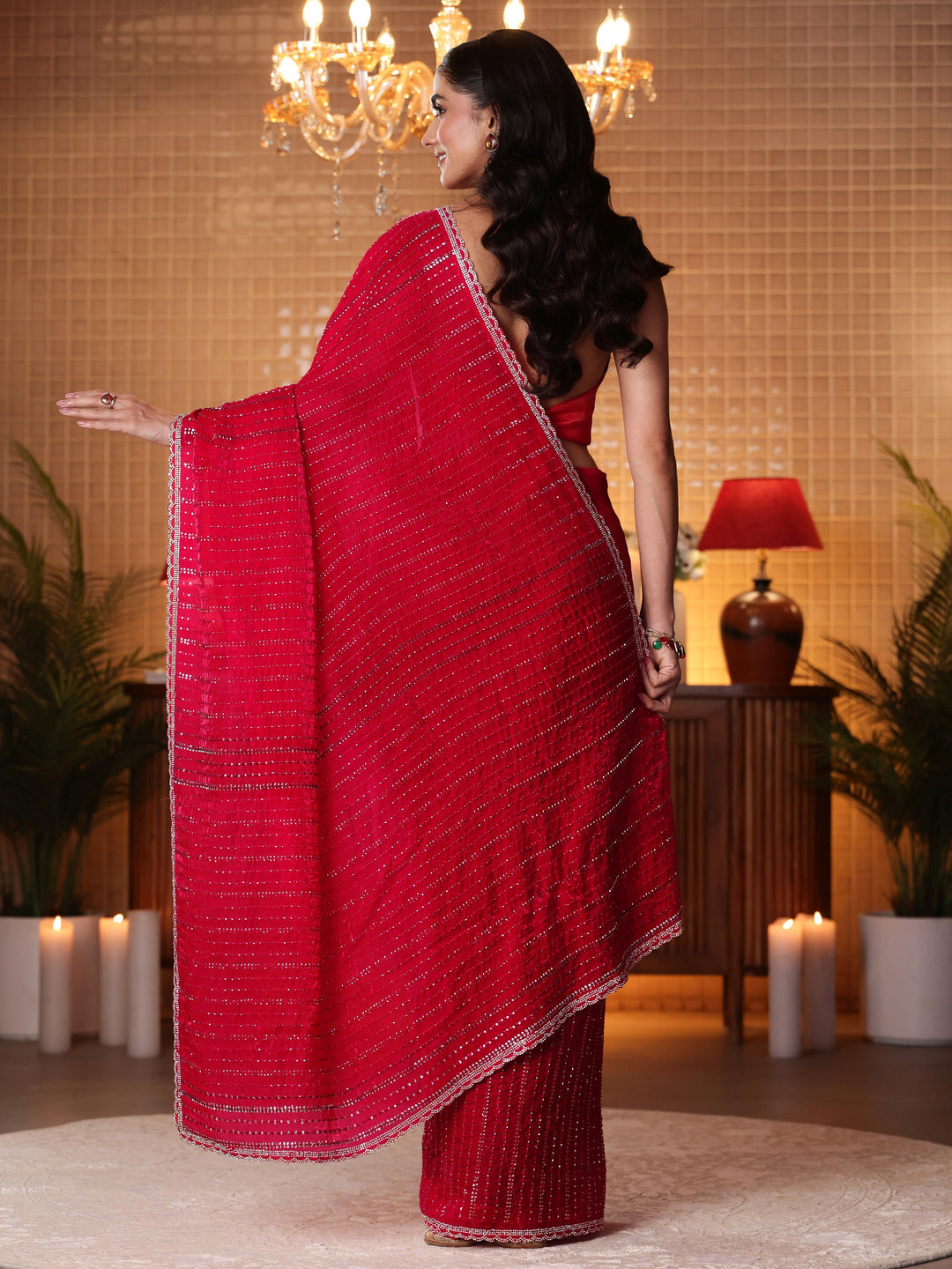 Red Striped Embellished Tissue Saree 