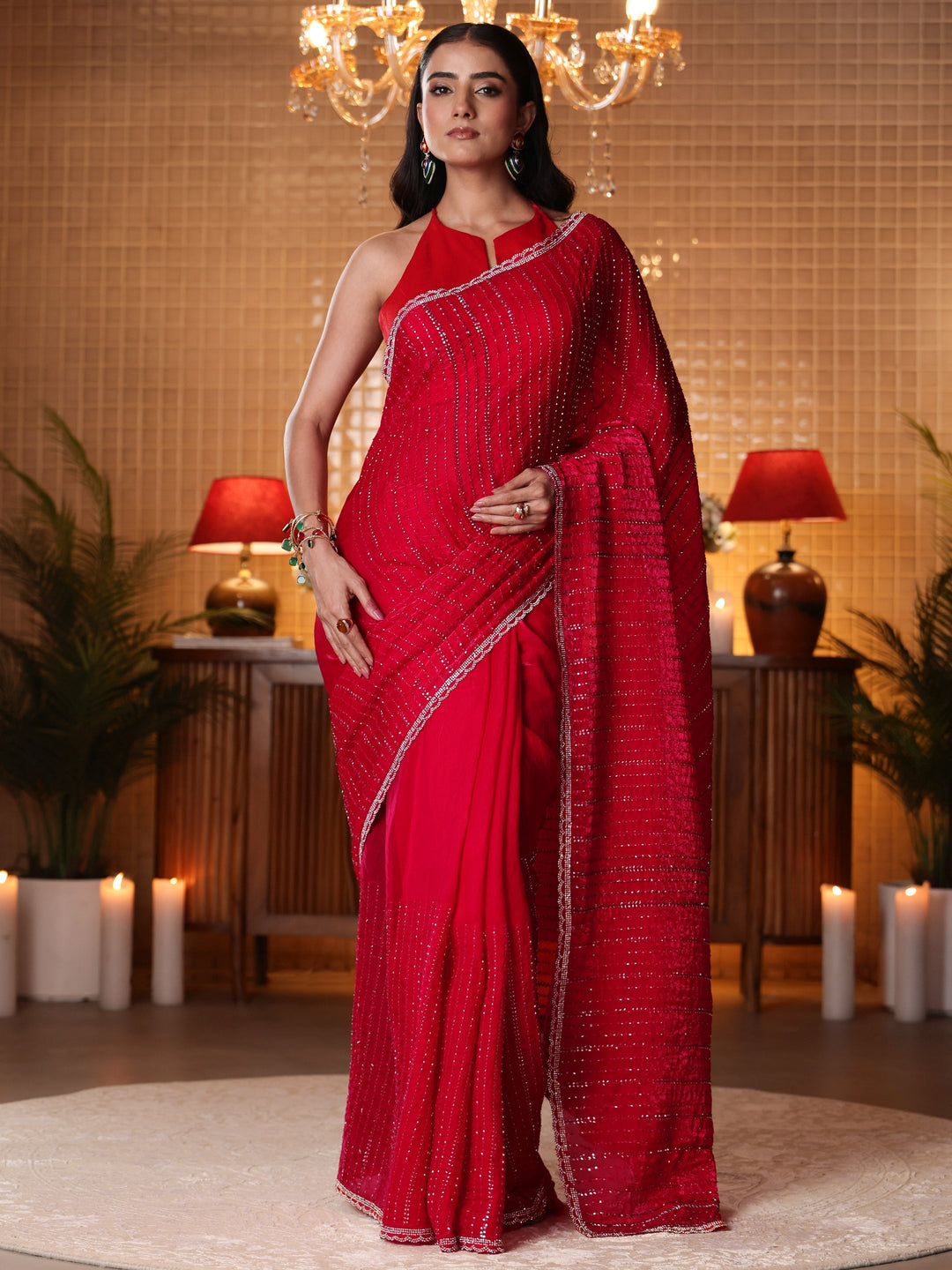  Red Striped Embellished Tissue Saree 