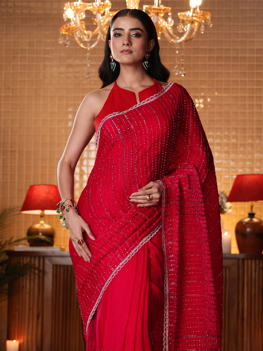  Red Striped Embellished Tissue Saree 