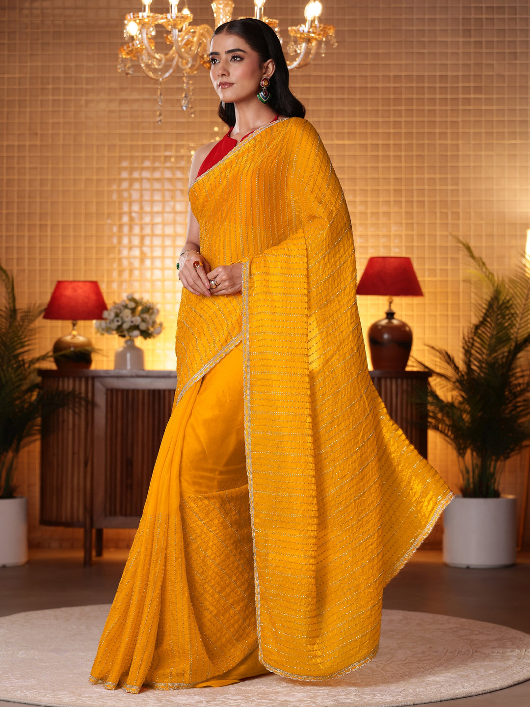  Mustard Striped Embellished Tissue Saree 