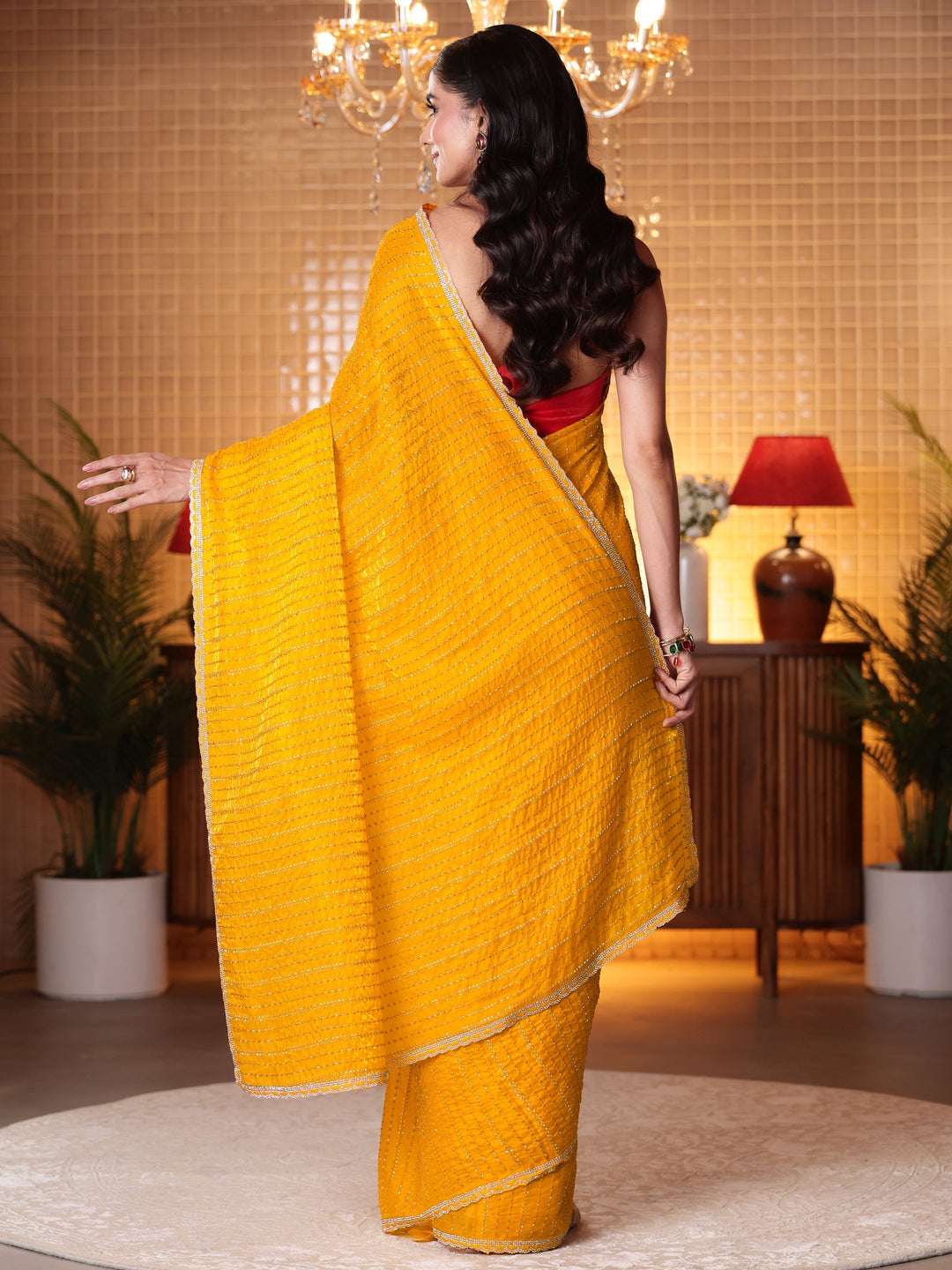  Mustard Striped Embellished Tissue Saree 
