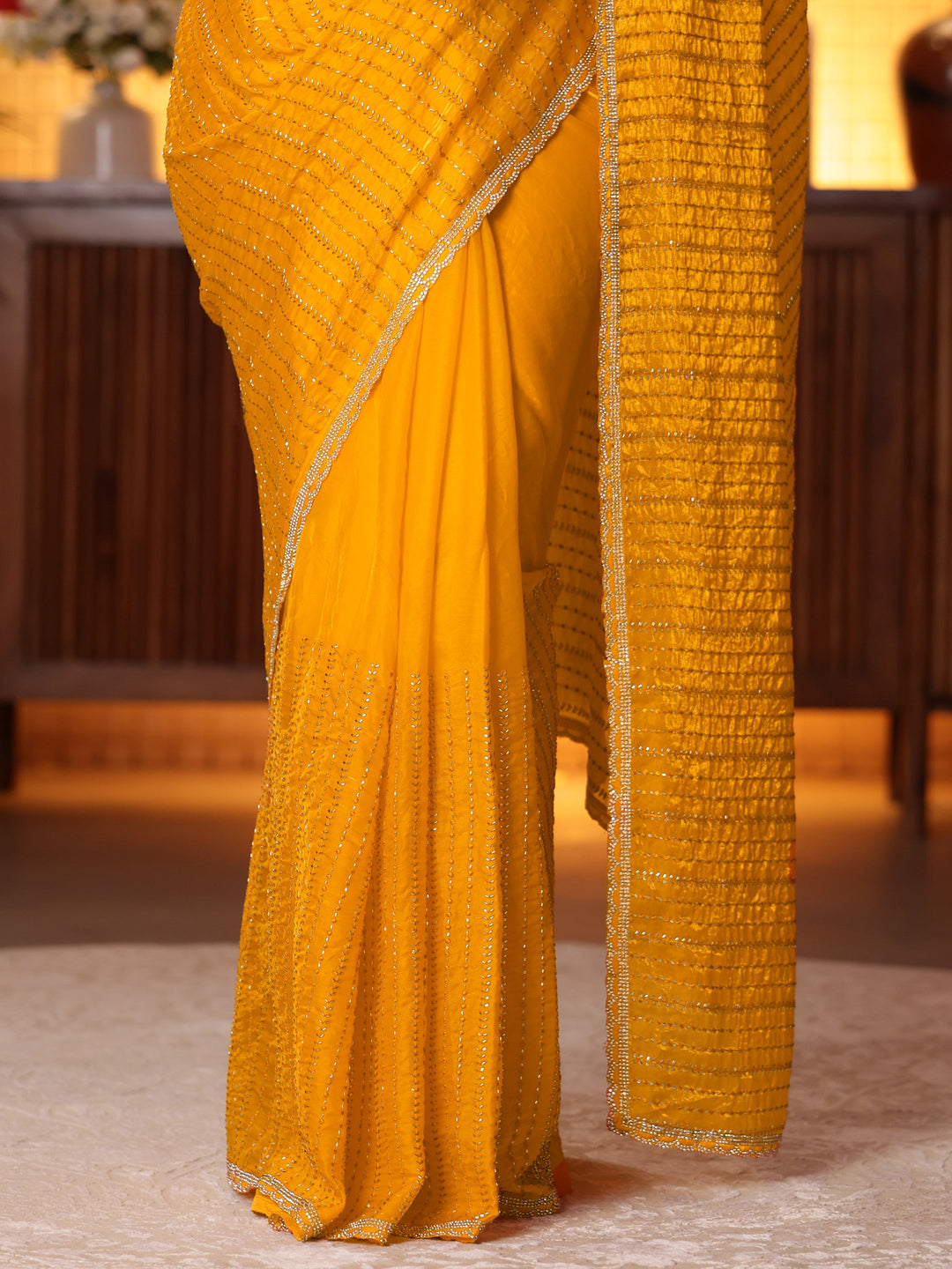  Mustard Striped Embellished Tissue Saree 