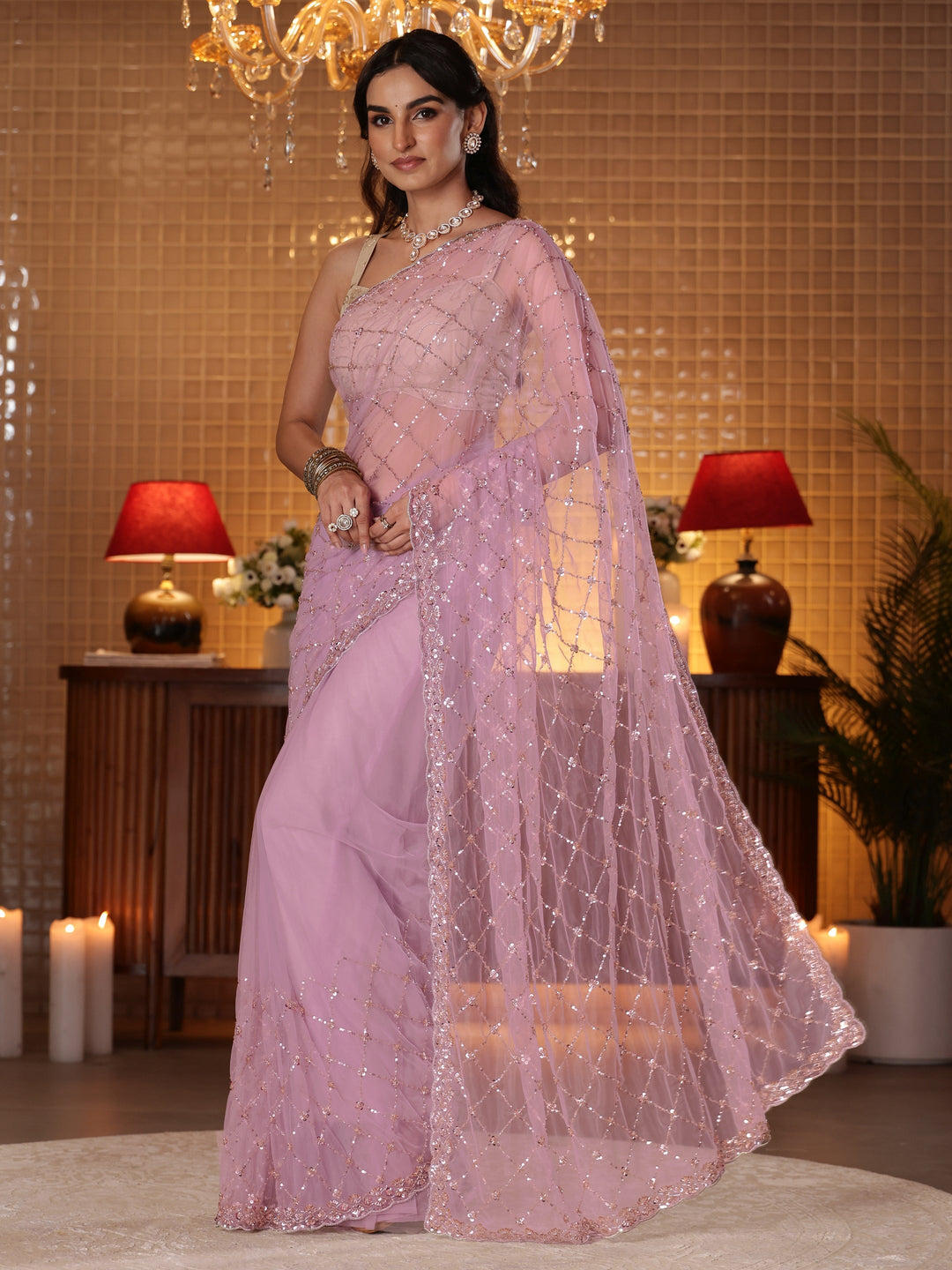  Lavender Embellished Net Saree 
