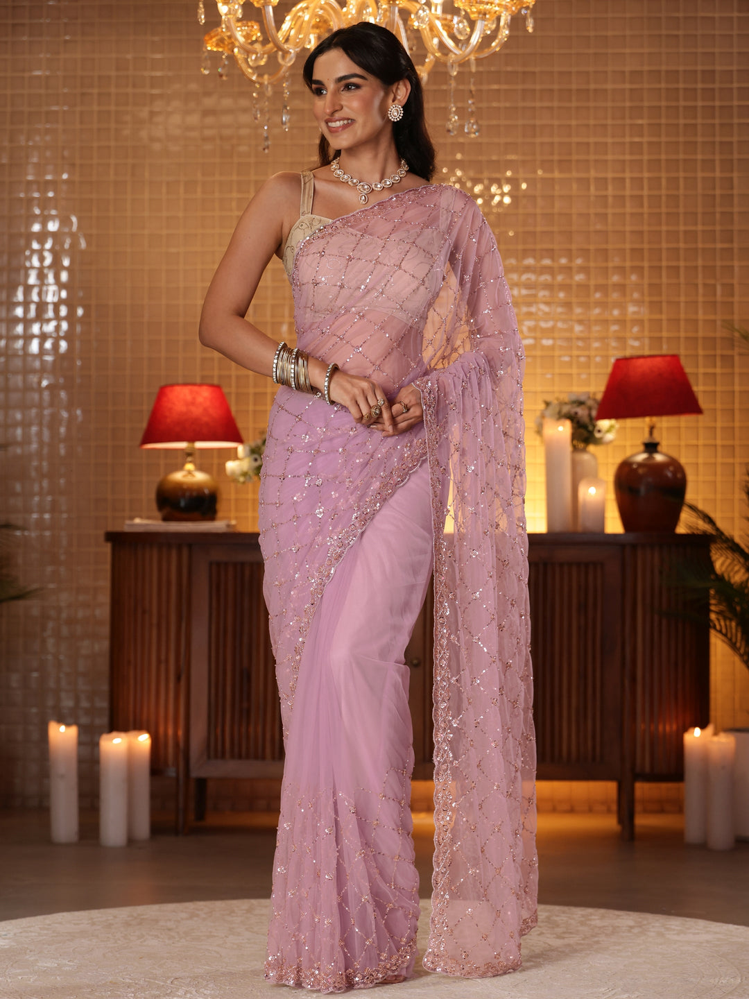  Lavender Embellished Net Saree 