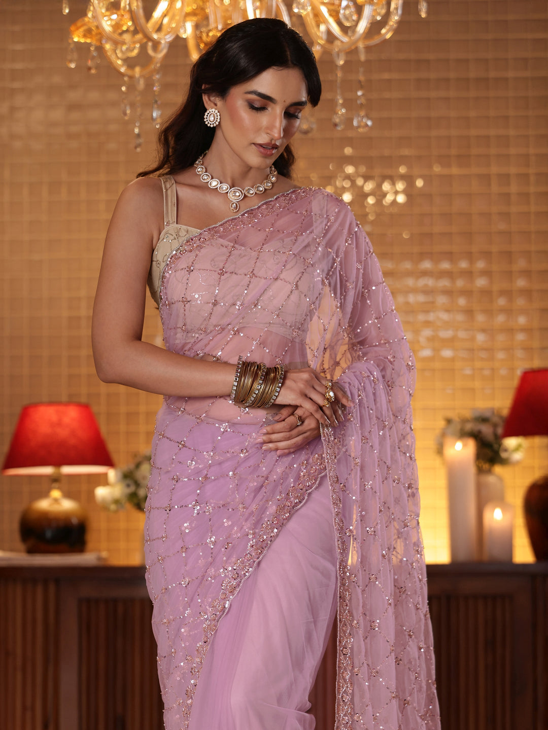  Lavender Embellished Net Saree 