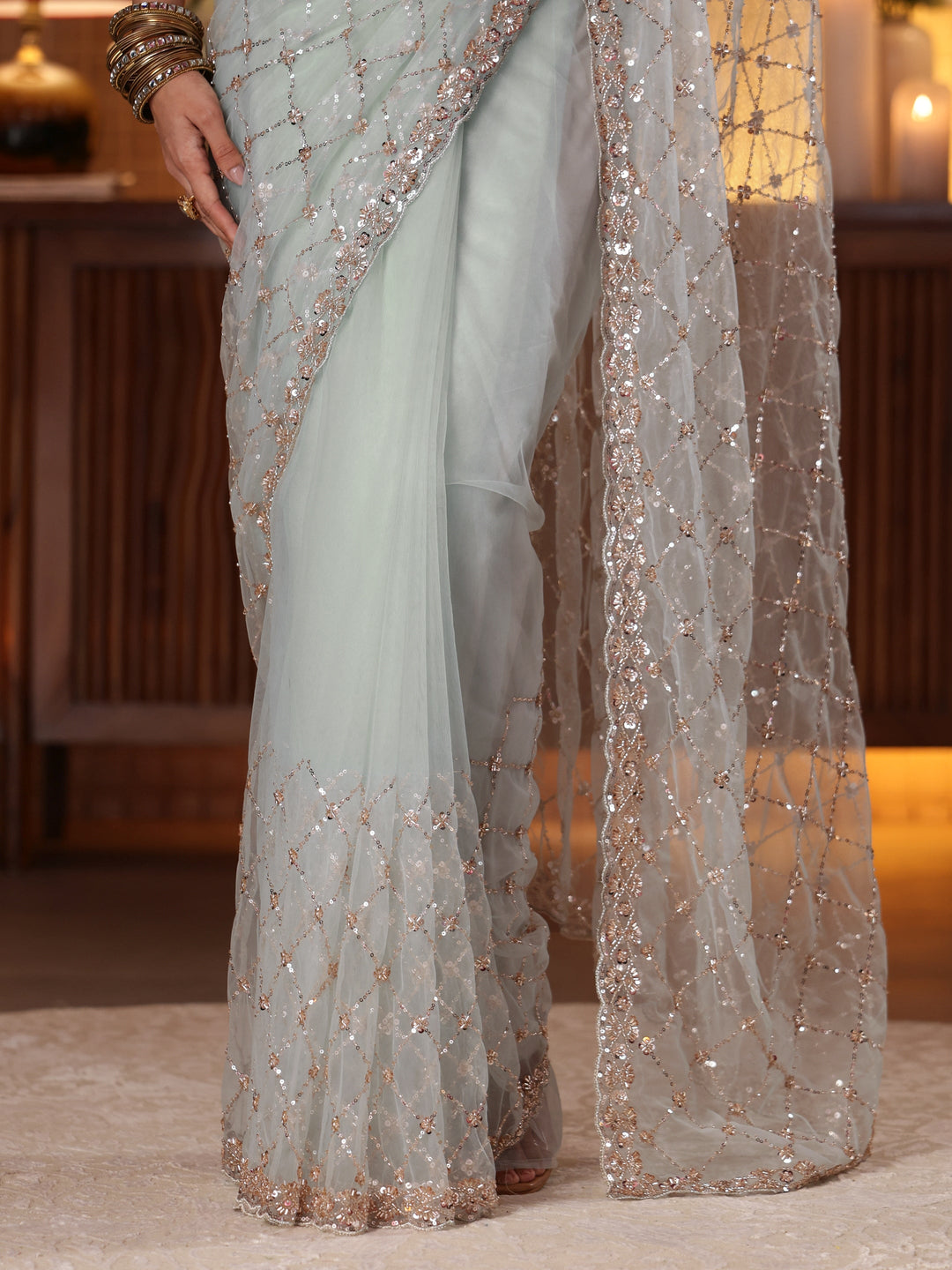  Blue Embellished Net Saree 