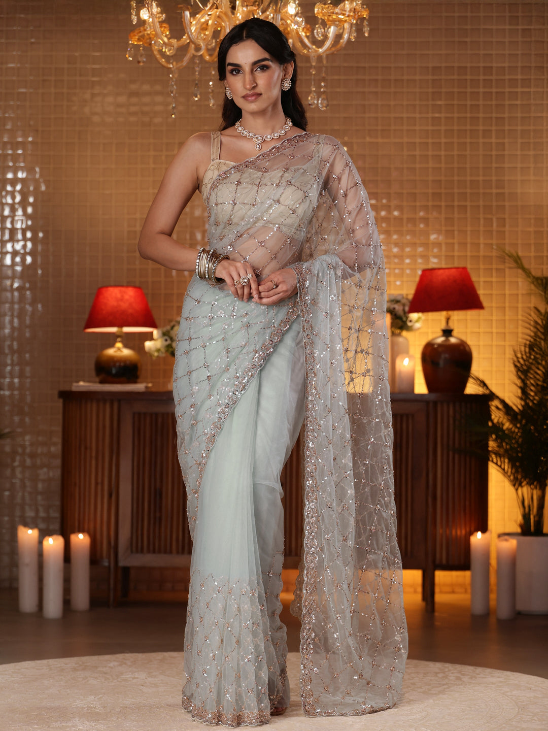  Blue Embellished Net Saree 