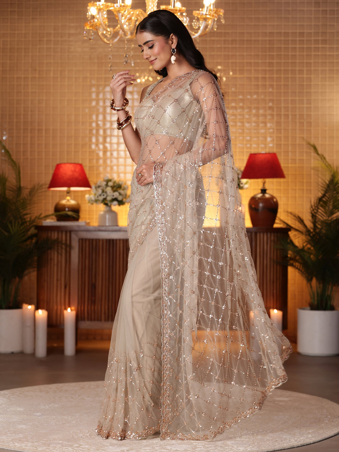  Taupe Embellished Silk Blend Saree 