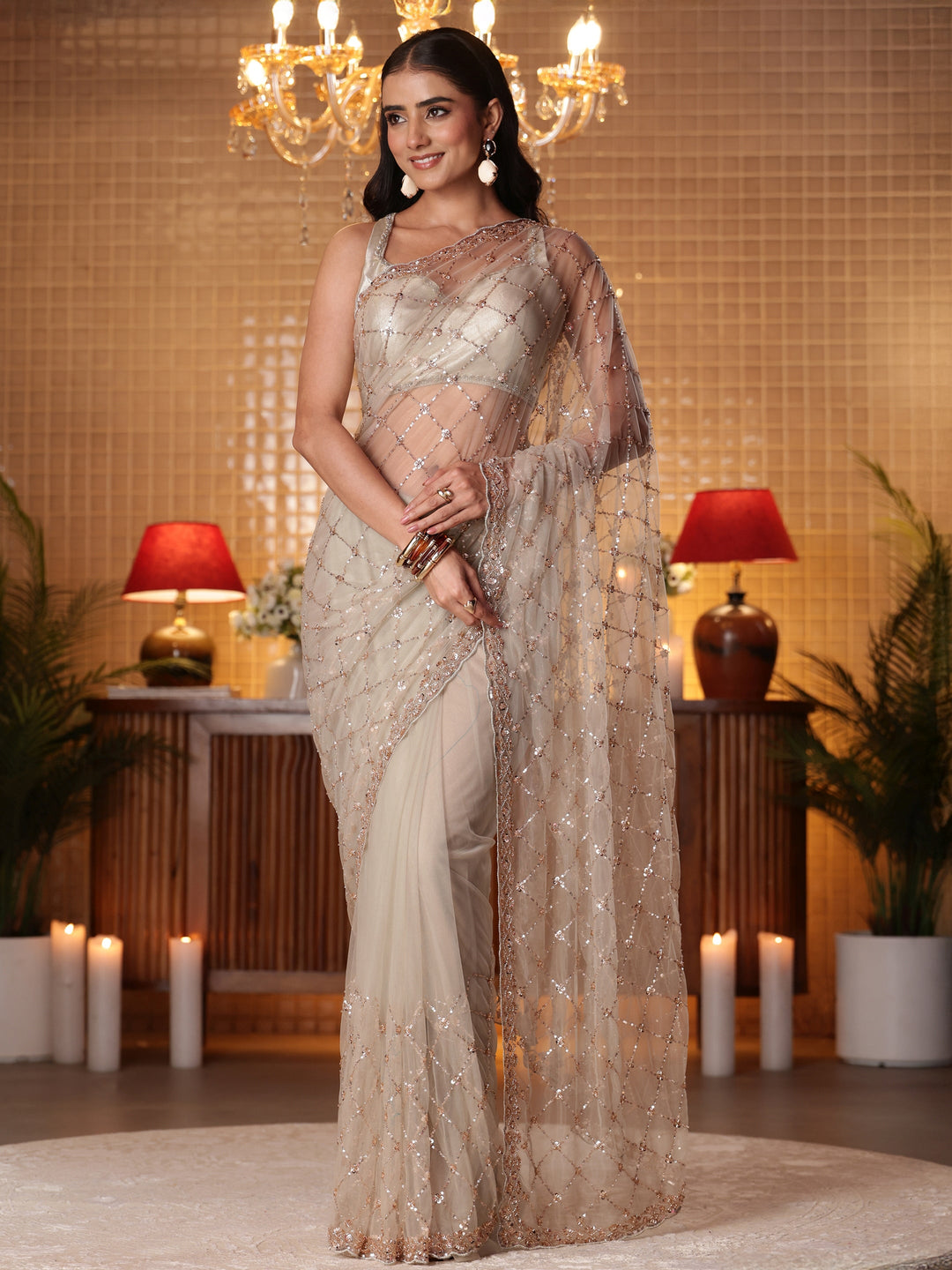  Taupe Embellished Silk Blend Saree 