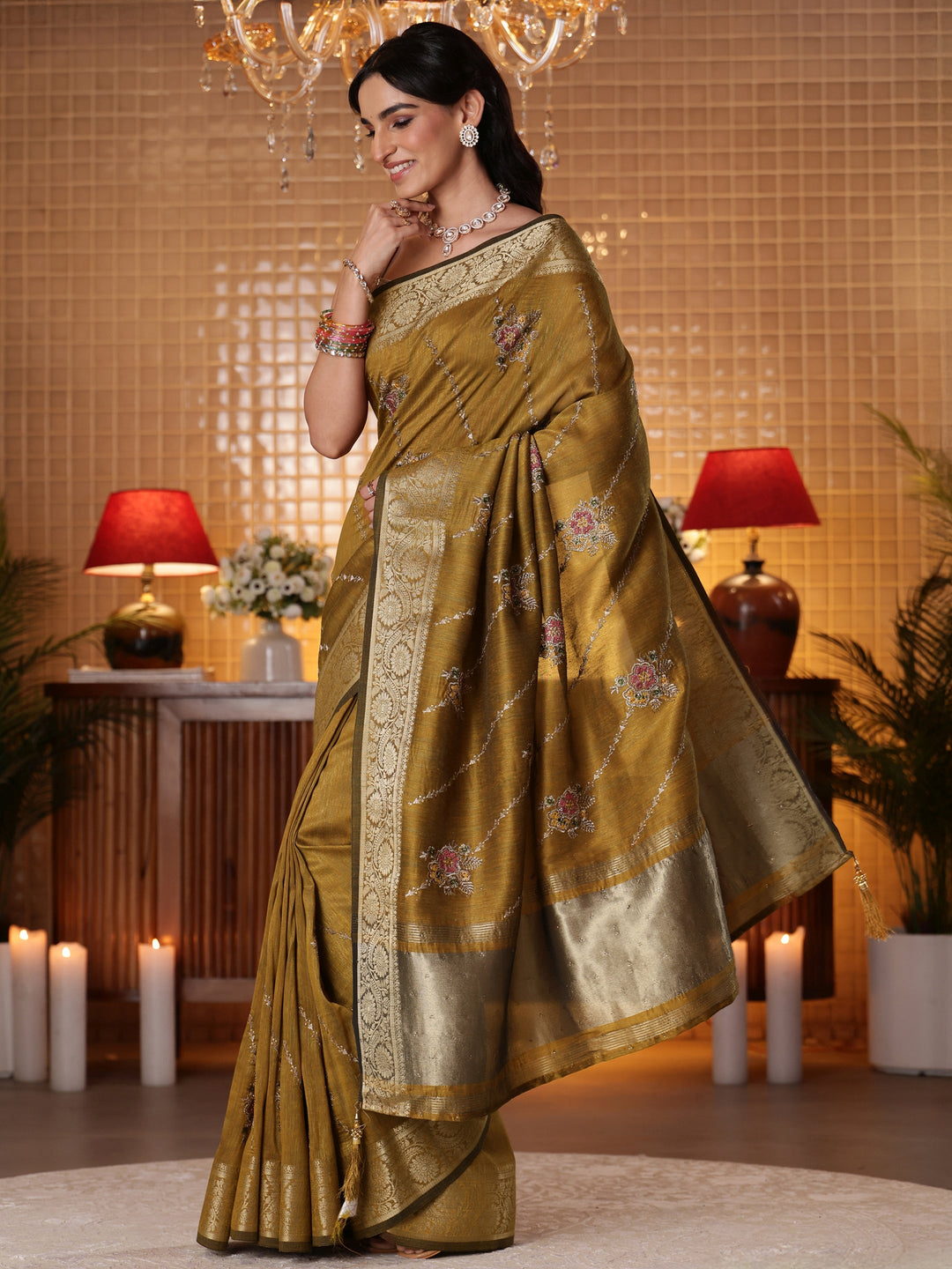  Mustard Floral Embroidered Silk Blend Saree 