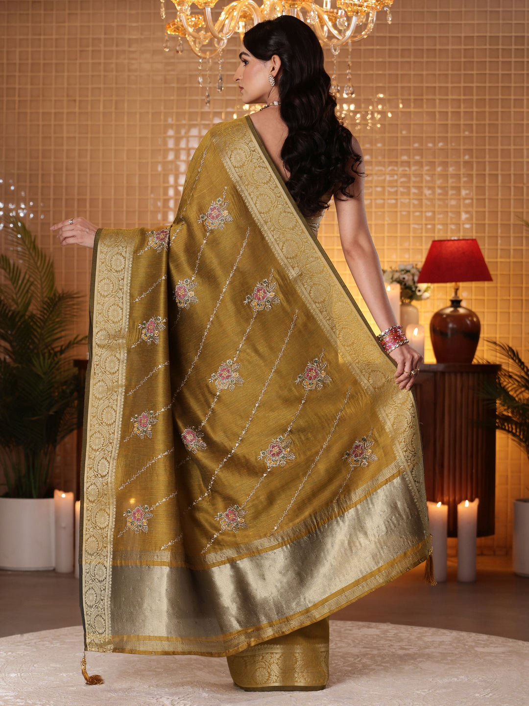  Mustard Floral Embroidered Silk Blend Saree 