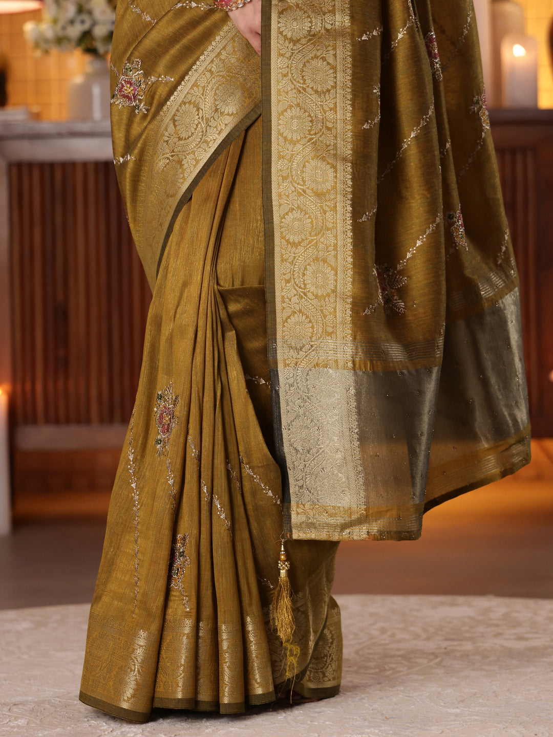  Mustard Floral Embroidered Silk Blend Saree 