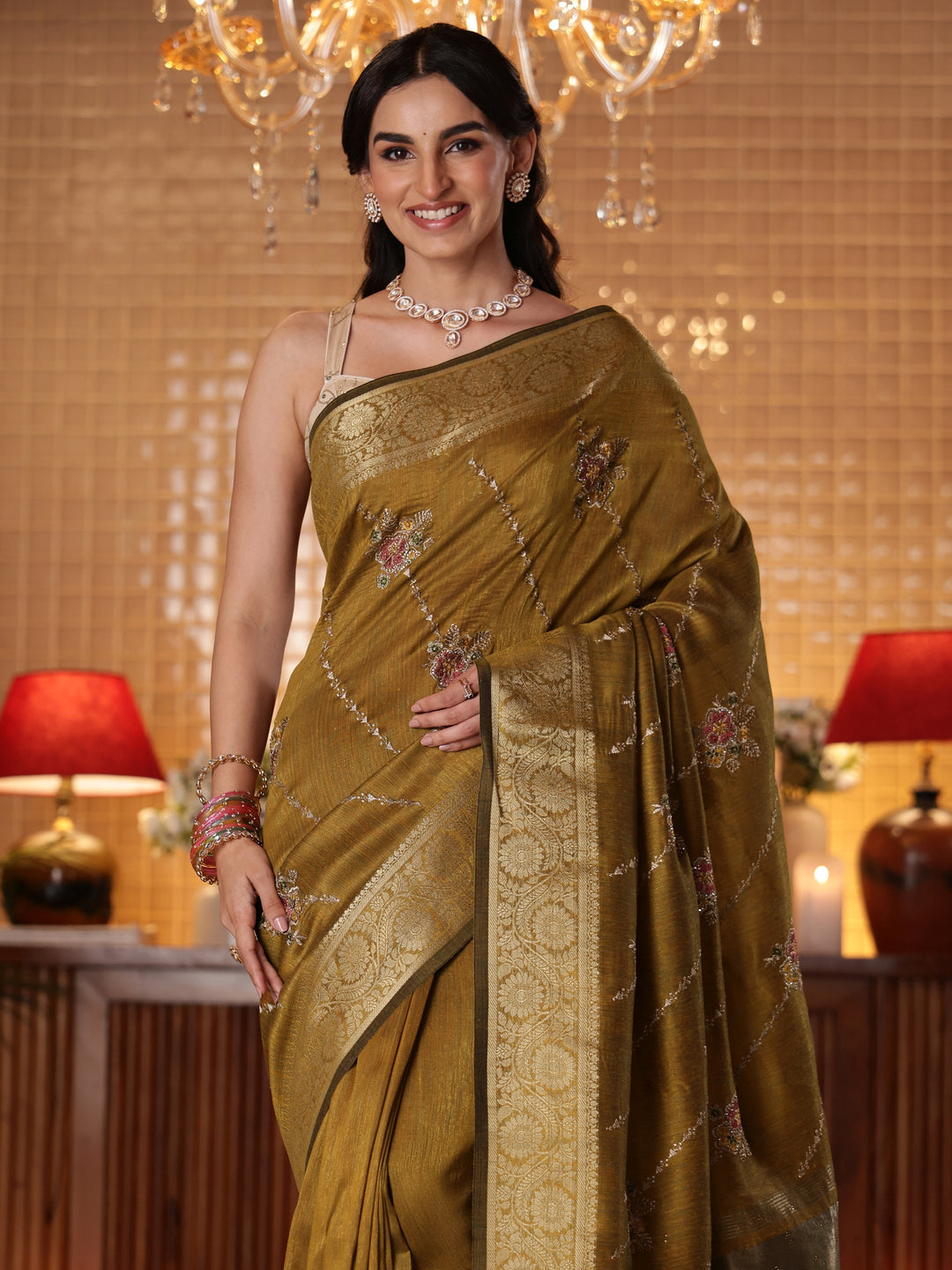  Mustard Floral Embroidered Silk Blend Saree 