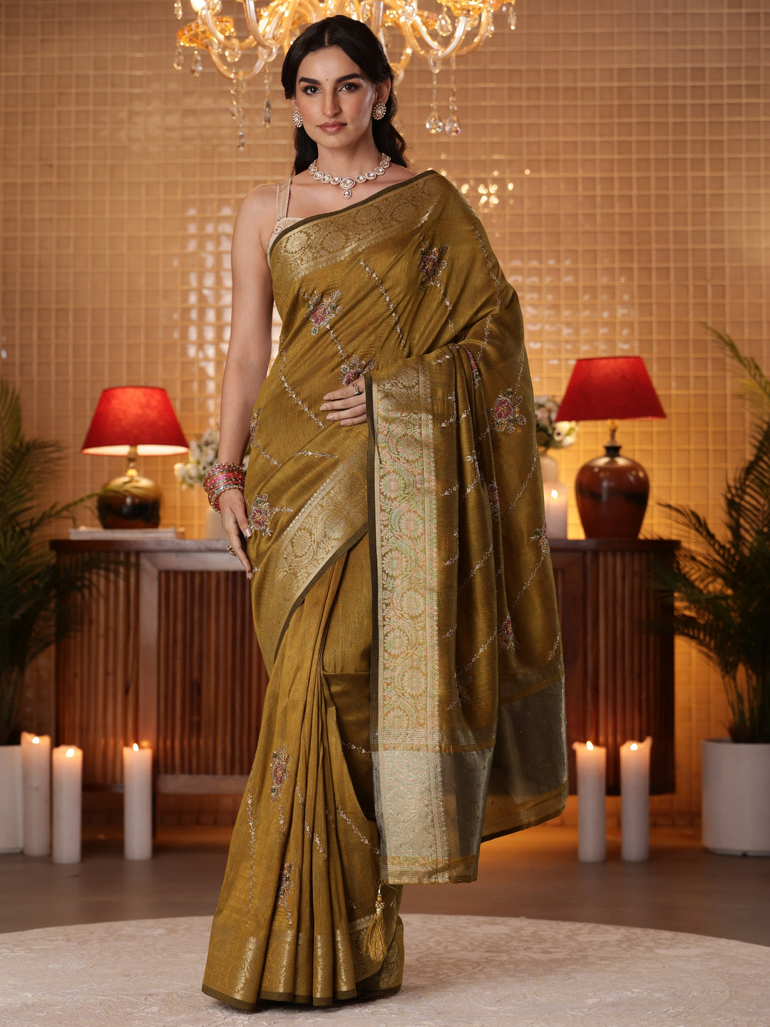  Mustard Floral Embroidered Silk Blend Saree 
