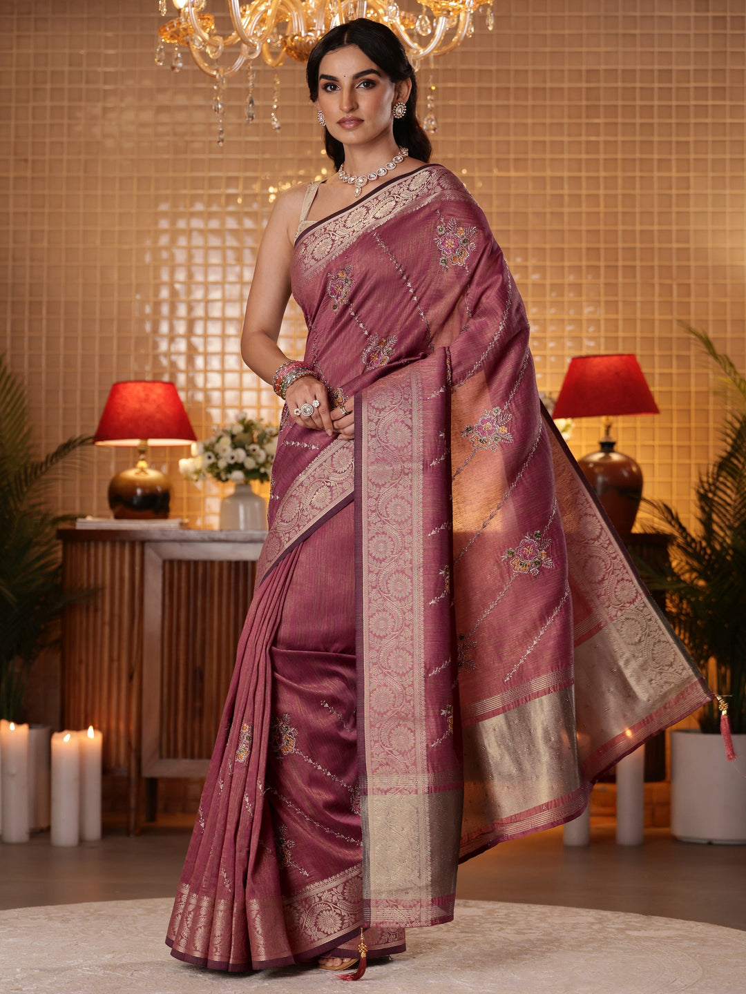  Mauve Floral Embroidered Silk Blend Saree 